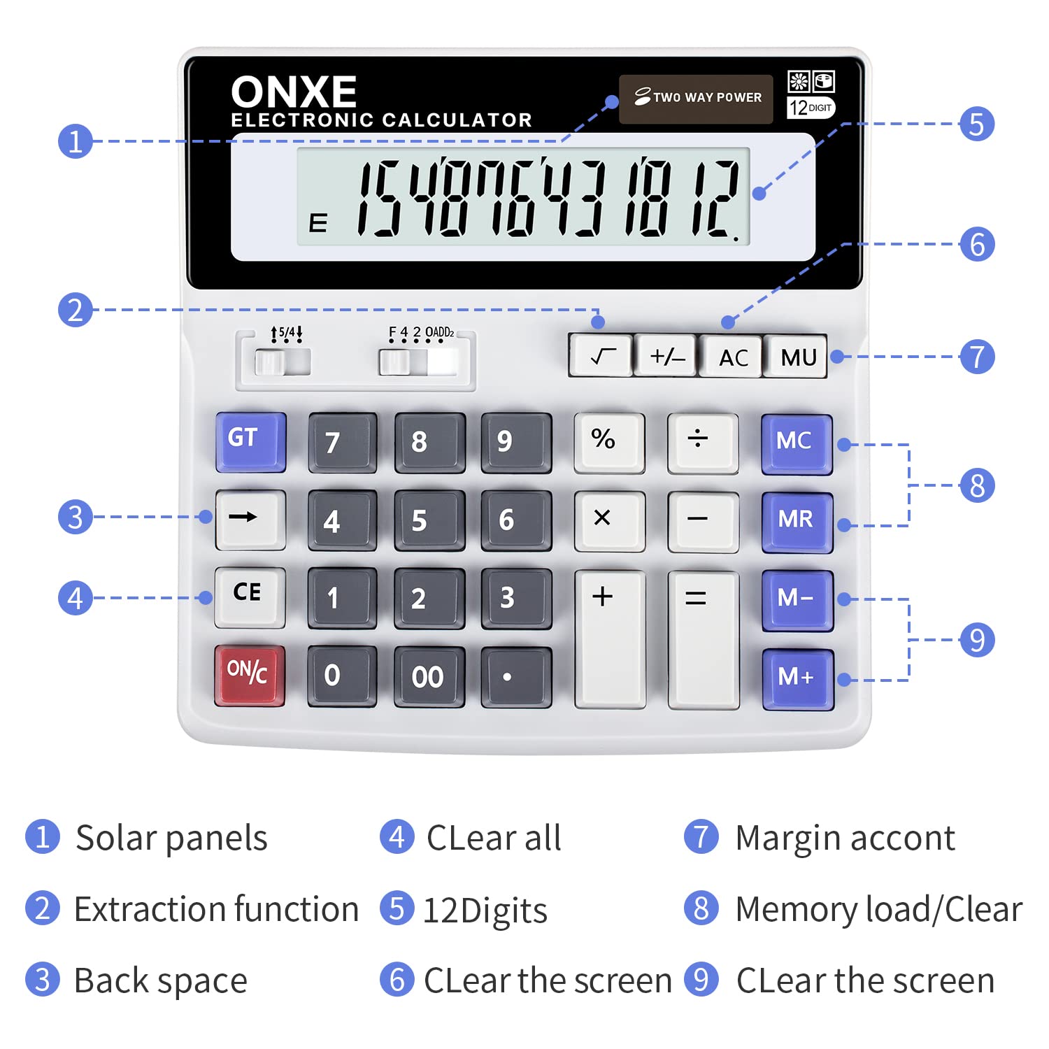 Calculator,12 Digit Extra Large LCD Display Office Desk Calculators, Two Way Power Battery and Solar,Big Button Standard Basic 4 Function Desktop Calculators for Office Financial Accounting Business