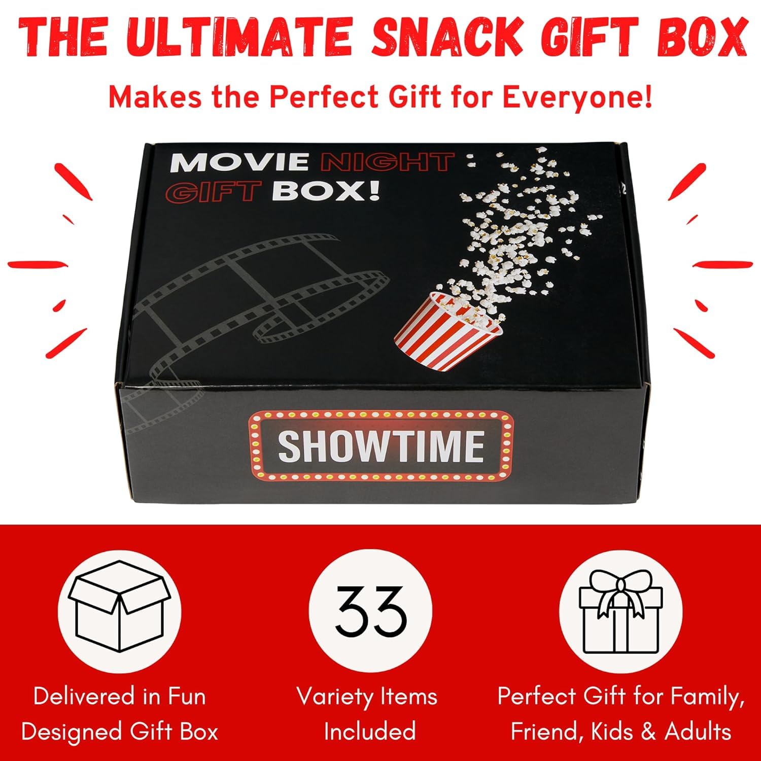 Movie Night Gift Basket – 33-Piece Gift Box with Popcorn, Candy, Snacks & Bingo – Birthdays, Date Night, Family, Kids, Adults, Mom, Dad, Teens, Christmas, Mothers Day, Fathers Day, Raffle & Fundraiser