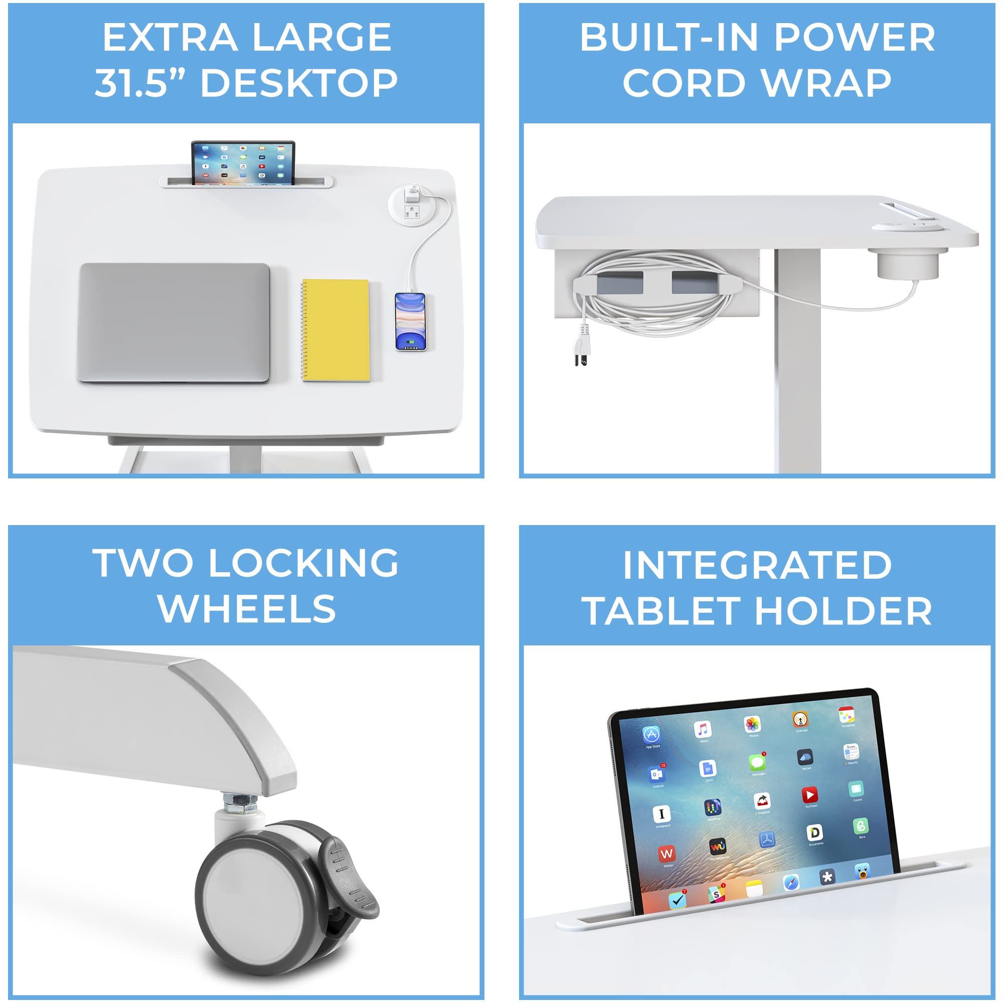 Stand Steady Cruizer™ Mobile Podium with UL Safety Certified Power Outlets | 31in Height Adjustable Student Desk with Built-In Storage | Portable Standing Desk | Rolling Laptop Desk (White/31 x 22in)