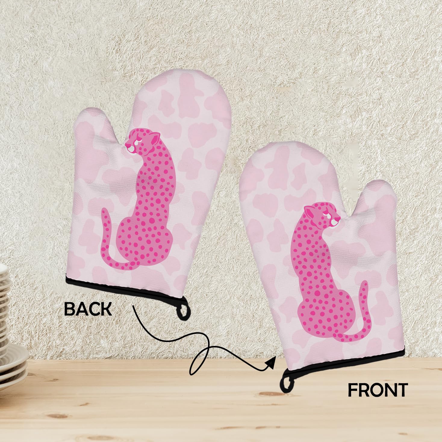 Mingnei Hot Pink Cheetah Oven Mitts and Pot Holders Sets, Funky Pink Leopard Heat Resistant Potholder Kitchen Decor for Cooking Baking BBQ Grilling, Trendy Preppy Animal Oven Glove Set Kitchen Decor