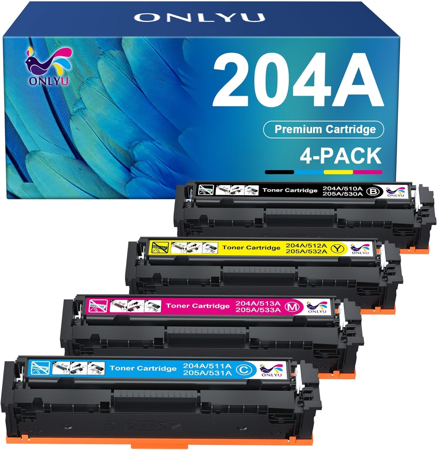 ONLYU Compatible Toner Cartridge Replacement for HP 204 204A CF510A CF511A CF512A CF513A Pro MFP M180nw M180n M181 M181fw M154a M154nw Printer (Black, Cyan, Yellow, Magenta, 4-Pack)