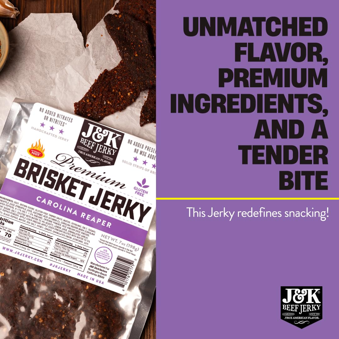 J&K Jerky Carolina Reaper Beef Brisket Jerky - Small Batch American Made Slab Beef Jerky's Spicy and Savory Snack with a Kick - Bold & Flavorful Snack! - 7oz Big Bag of Jerky's