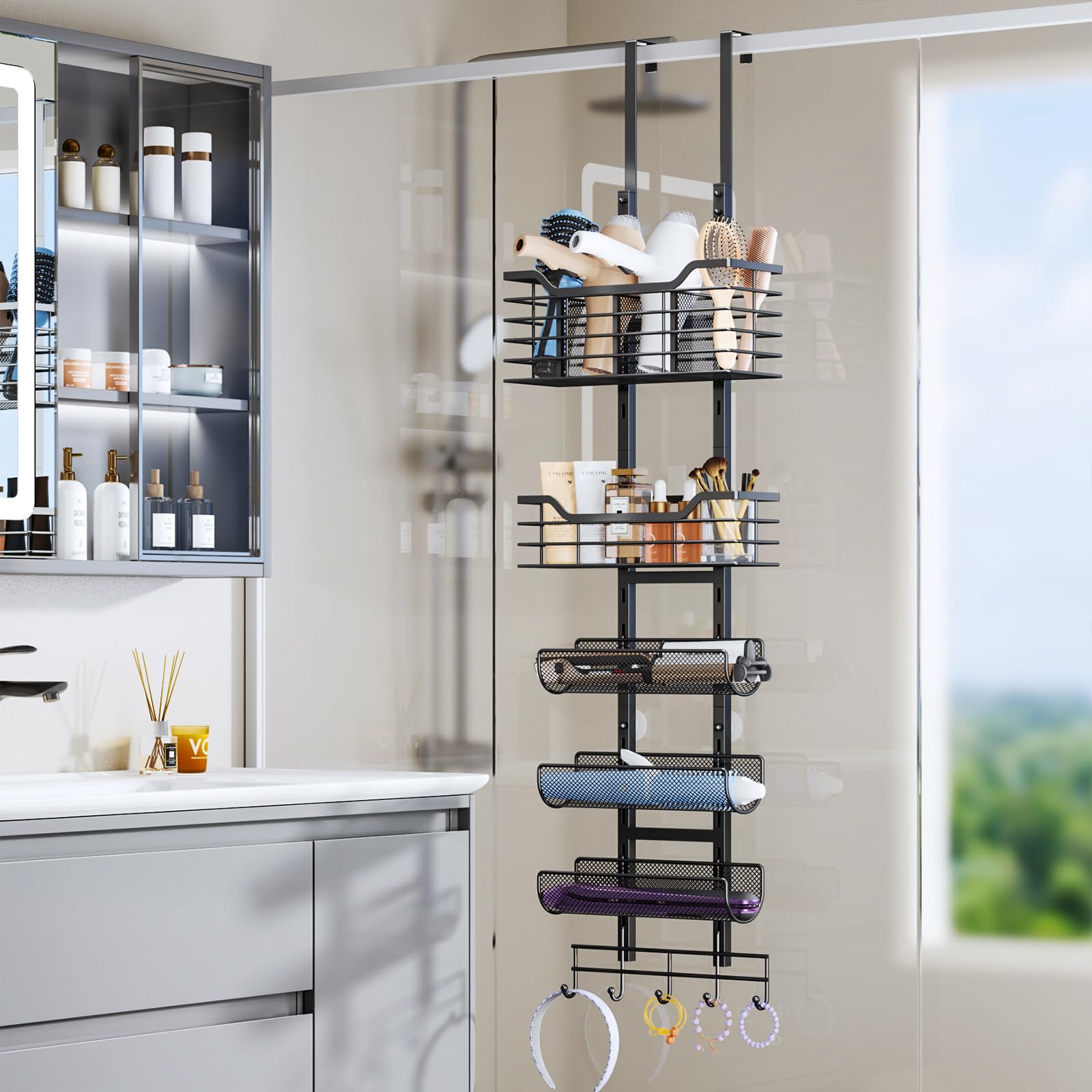 Consmest 6-Tier Hair Tool Organizer - Hair Dryer Holder Over The Door/Wall Mounted DIY Adjustable Shelf Bathroom Door Organizer with Hook for Curling Iron/Blow Dryer/Straightener Black