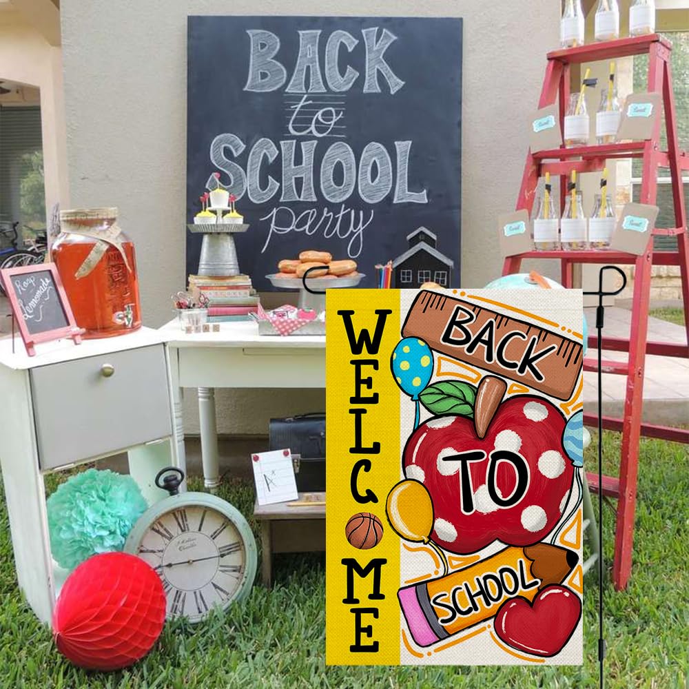 CROWNED BEAUTY Back To School Garden Flag 12x18 Inch Double Sided Small Burlap Holiday Yellow Welcome Flag for Outside Yard Party Decoration CF1654-12
