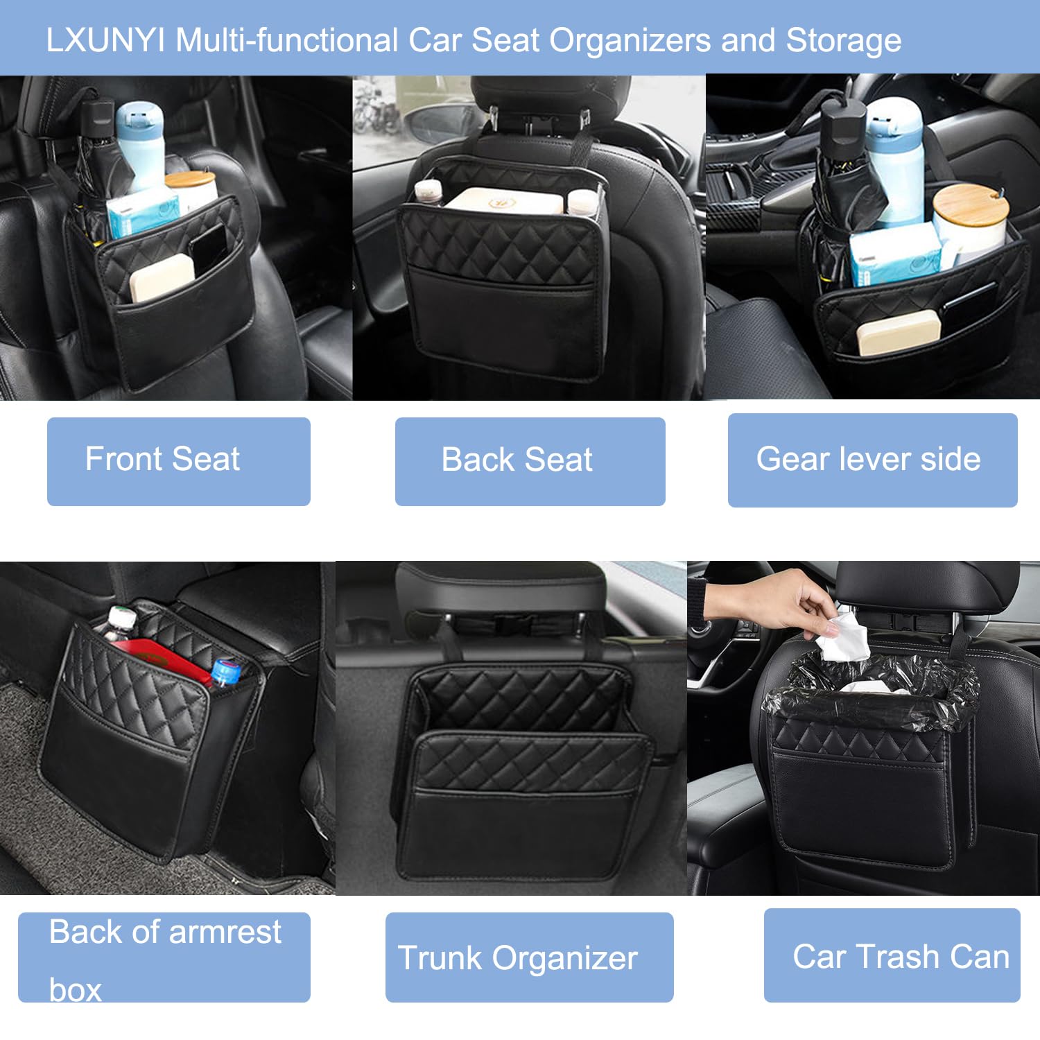 LXUNYI Car Seat Organizer,2 Pack Waterproof Pu Leather Backseat Car Organizer and Storage Bag Foldable Universal Hanging Car Seat Back Organizers for Kids & Adults Car Travel Accessories(Black)