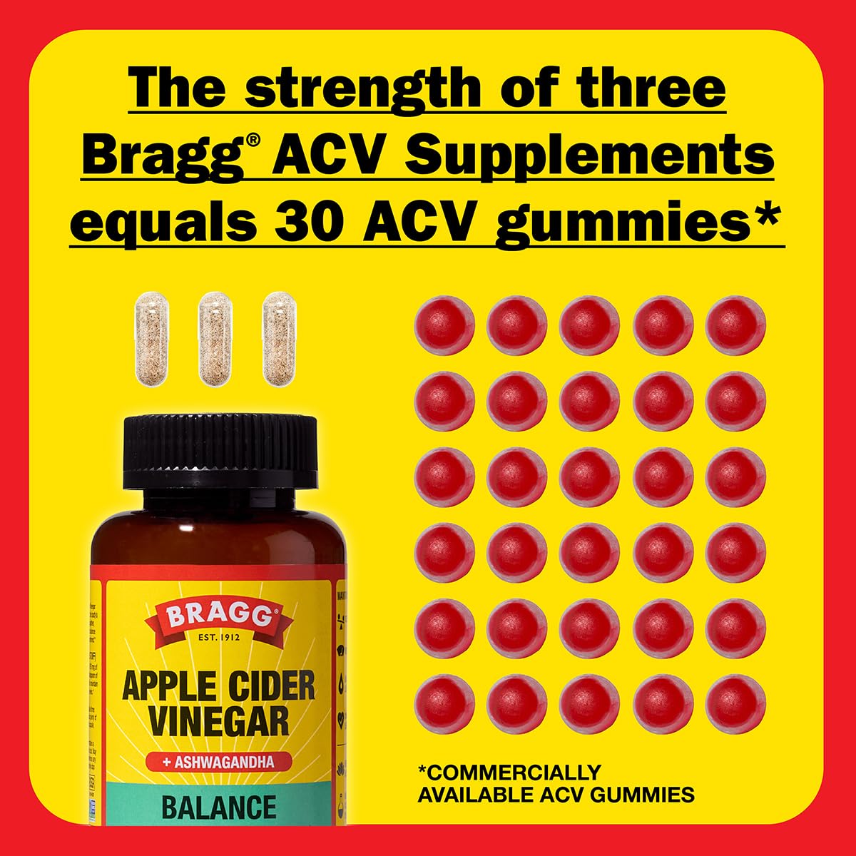 Bragg Daily Balance Apple Cider Vinegar and Sensoril Ashwagandha Capsules - 750mg of Acetic Acid – Energy & Weight Management Support - (90 Pills)