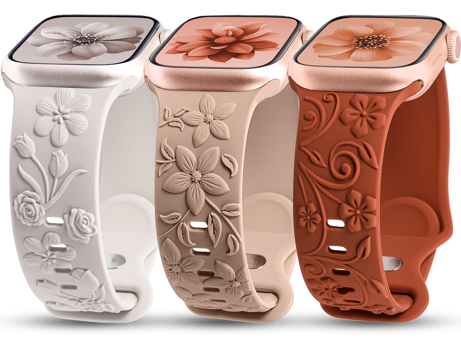 TOYOUTHS 3 Pack 3D Floral Engraved Bands Compatible with Apple Watch Bands 42mm 41mm 40mm 38mm Women, Soft Silicone Embossed Cute Flower Dressy Fancy Straps for iWatch Series 10/9/SE/8/7/6/5/4/3/2/1