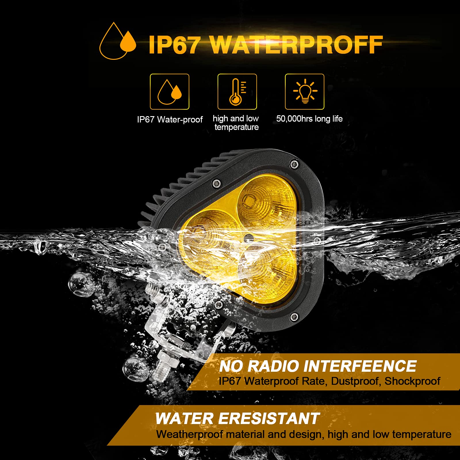 Auxbeam 4in 90W Led Amber Fog Light, Super Bright 9000LM LED Off Road Light Yellow Spot Flood Combo Triangle Led Pod for Jeep Motorcycle SUV Trucks Boat