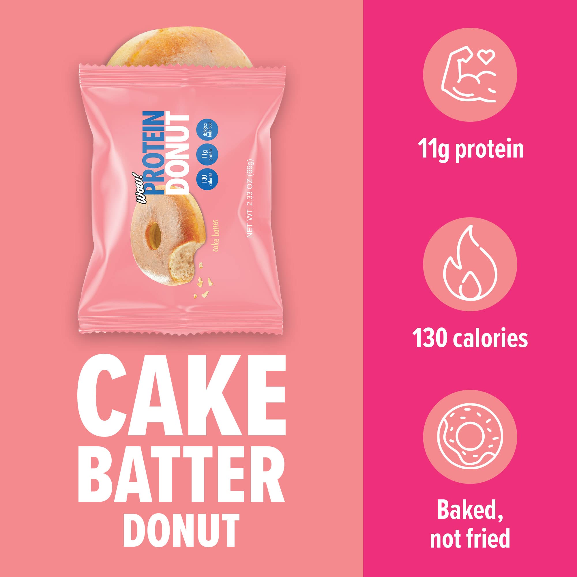 Wow! Protein Donuts, High Protein Snacks, Low Carb, Low Calorie, & Low Sugar, Healthy Snack with 11g of Protein (Cake Batter, 4 Pack)