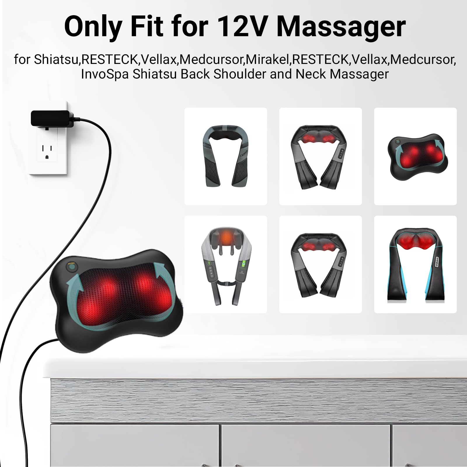 Massager Power Cord for Zyllion Shiatsu Back and Neck Massager/Nekteck/Comfier Back Shoulder and Neck Massager Charger Supply - 12V - Only Fit for 12V Massager