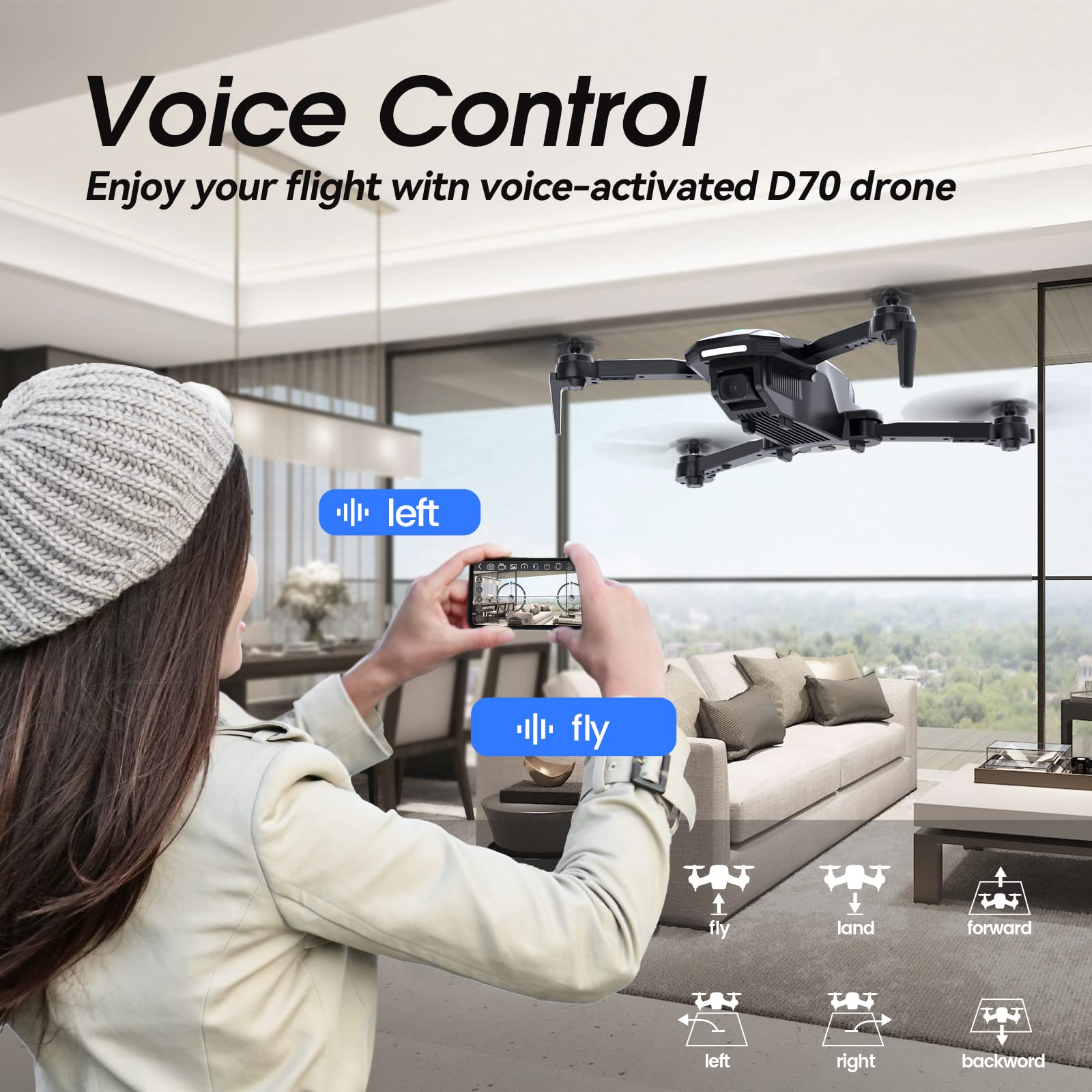 DEERC Drone with Camera, D70 Drones with Camera for Adults 1080P HD, RC Quadcopter for Beginners with 2 Batteries, Kids Toy Easy to Play, Auto Hover, Voice Control, APP Control, 3D Flips