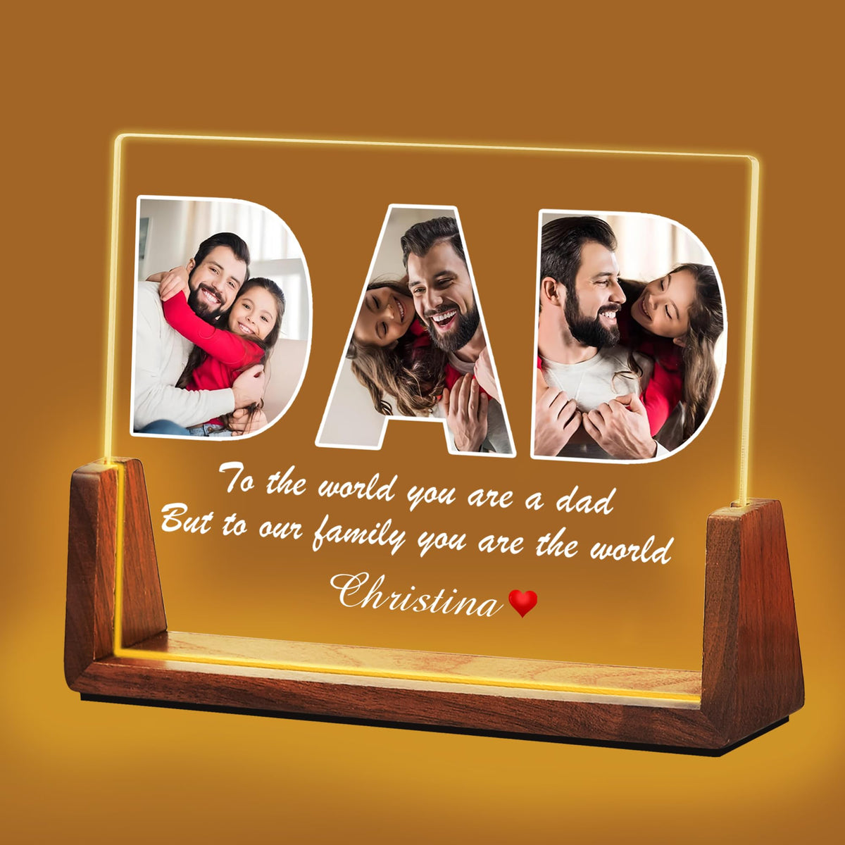 Idiyfun Fathers Day Personalized Gifts for Dad from Daughter Son Kids, Customized Acrylic Plaque LED Walnut Frame with Photos Night Light, Christmas Birthday Gifts for Dad Father PAPA Husband