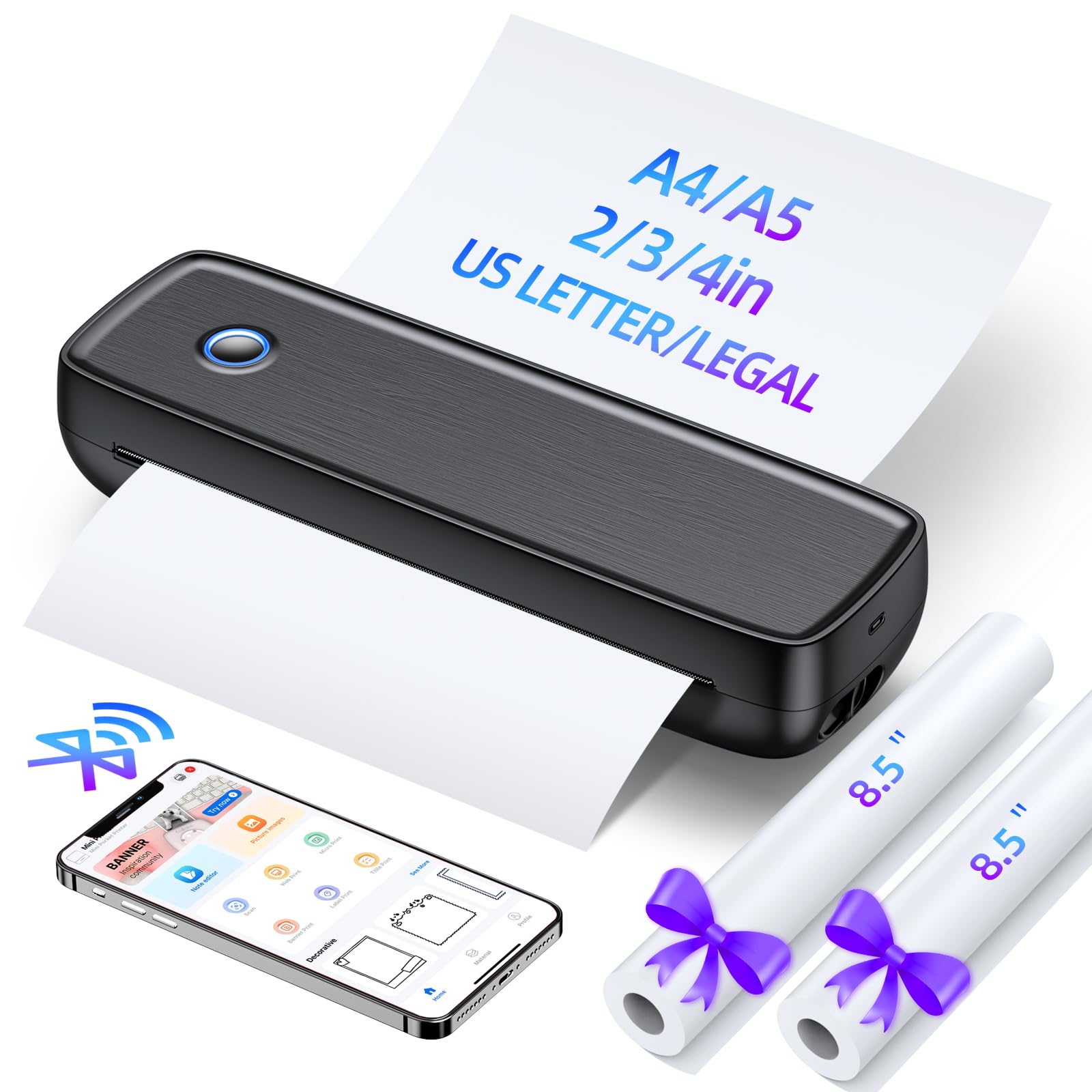 Aixiqee Portable Wireless Mini Thermal Bluetooth Printer for Travel, Supports 8.5" X 11" US Letter & Legal, A4 & A5 Thermal Paper, Compatible with Android & iOS Phone & Laptop