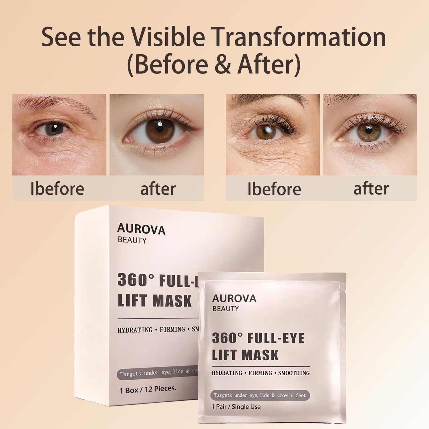 Gengyve Aurova Beauty Eye Mask, HYDRATING, FIRMING, SMOOTHING, Eye Mask with Bio-Collagen Peptide Complex & Vitamin C(1Set/12 Patch)
