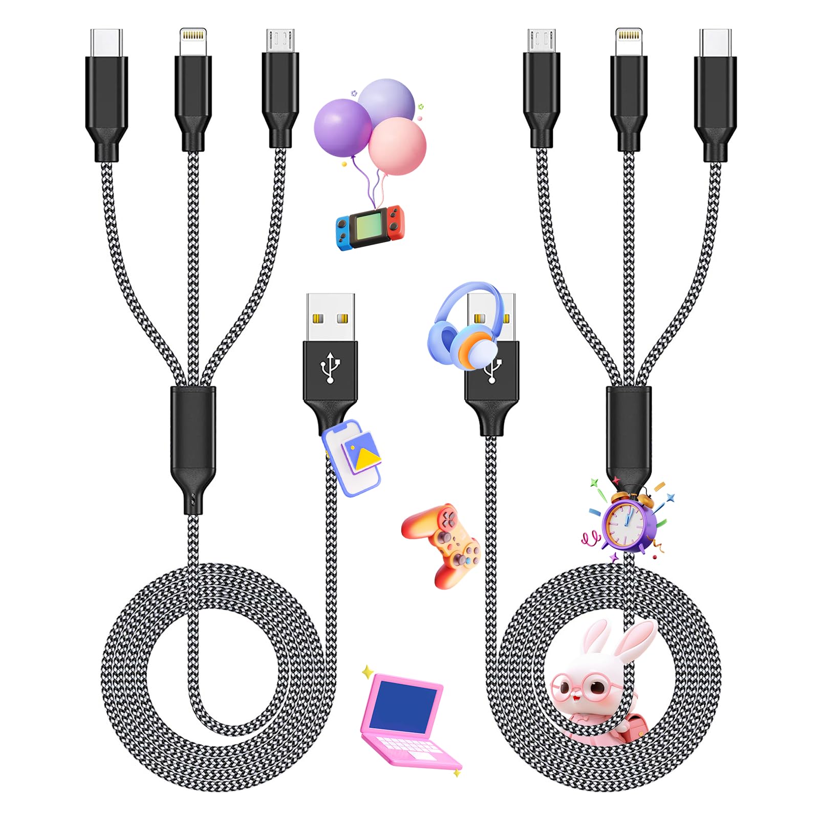 Multi Charging Cable,(2Pack 4FT) USB Cable Multi Charging Cord 3 in 1 Charging Cable Nylon Braided Universal Charger Phone Charger Cord with Type-C,Micro USB,IP Port for iPhone16/15 Series/Phone&Pad