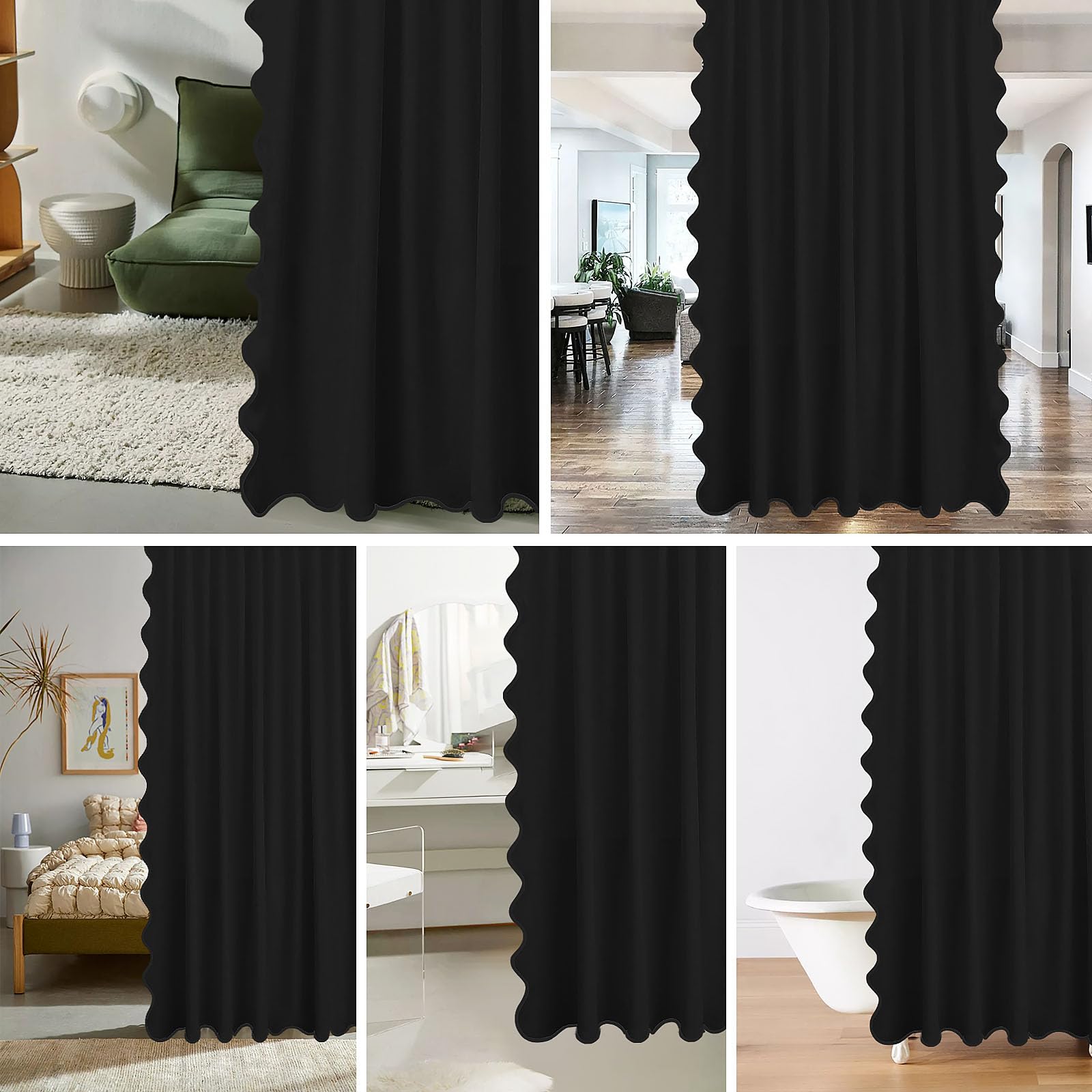 Seasonwood Black Scalloped Shower Curtain 72 x 72 Inches, Aesthetic Shower Curtain Elegant Pretty Shower Curtains Black
