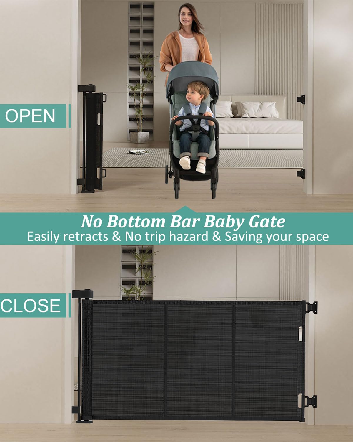 Upgrade 71" Retractable Baby Gates with Reinforced Strip Design to Prevent Crawling Through, 34" Tall Retractable Gate for Baby and Pet, 6 FT Baby Gates for Stairs, Doorways, Hallways