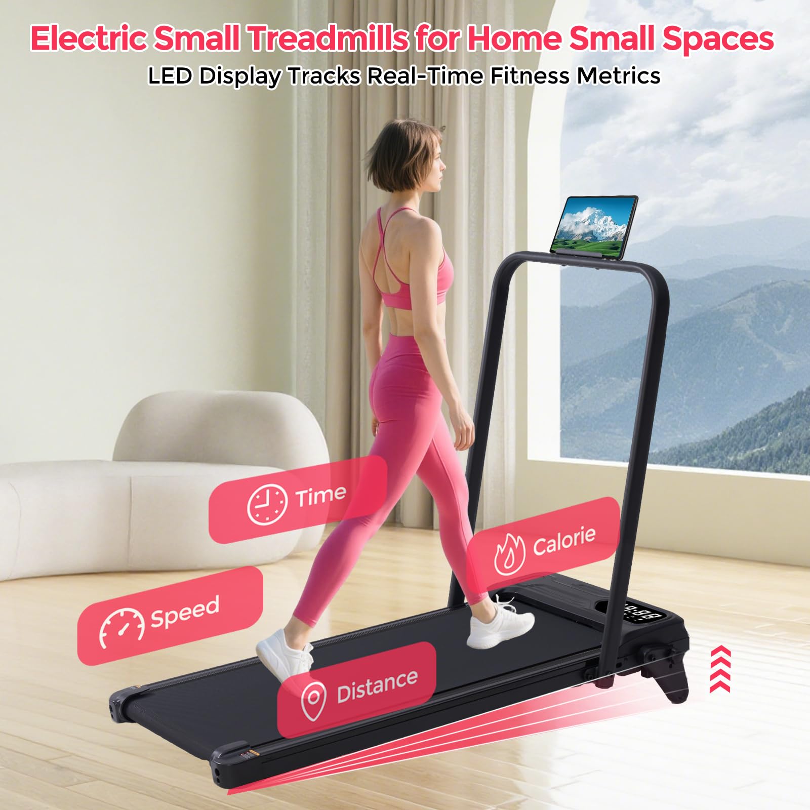 Walking Pad with Handle Bar & Adjustable Incline, 350LBS Compact Under The Desk Treadmill, 4-in-1 Portable Small Treadmills with Handles for Home Small Spaces, 3.5HP Electric Walking Pads, 0.6-7.6MPH