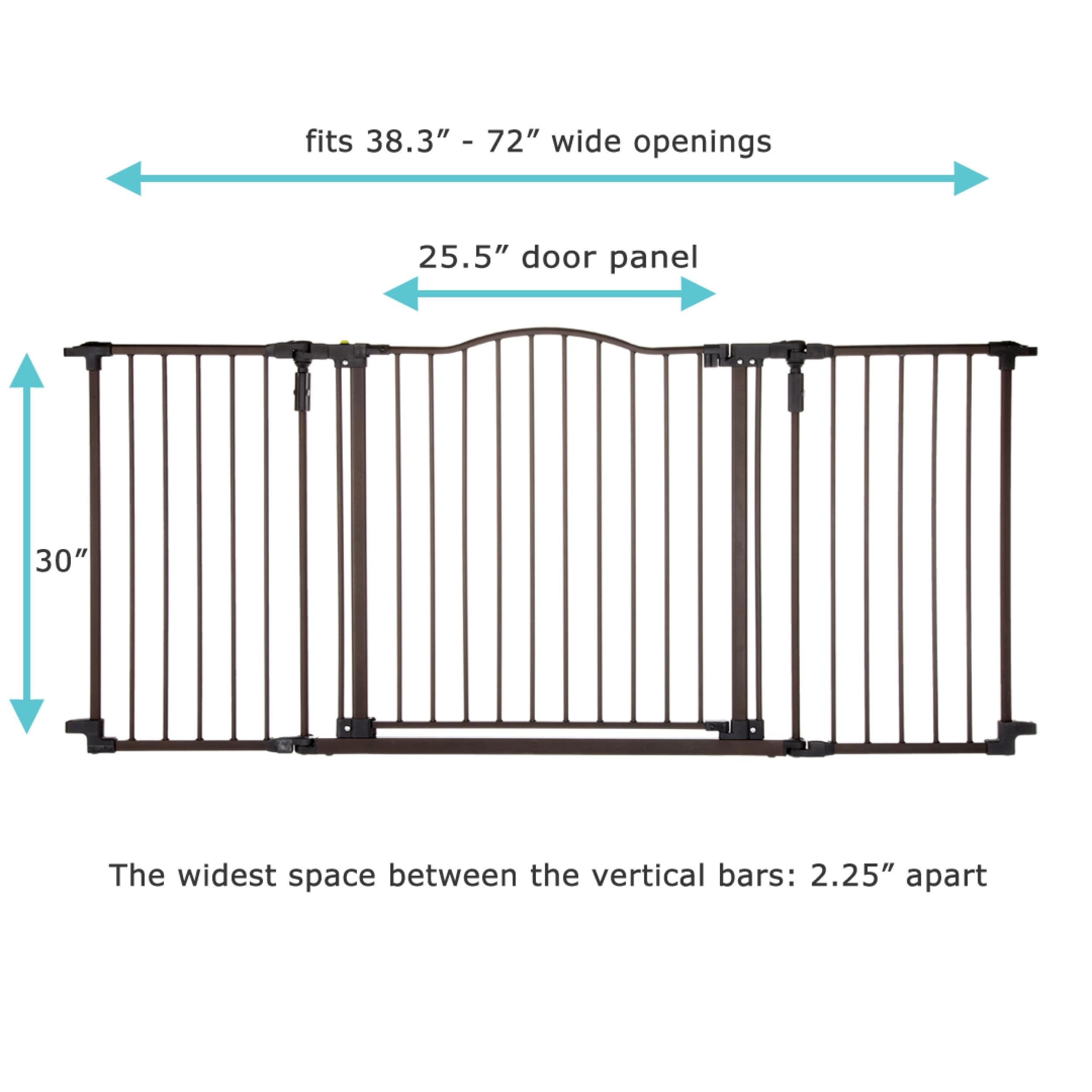 Toddleroo by North States 72” wide Deluxe Décor Baby Gate: Sturdy safety gate with one hand operation. Extra wide baby gate. Hardware Mount. Fits 38.3 - 72” Wide. (30" Tall, Matte Bronze)