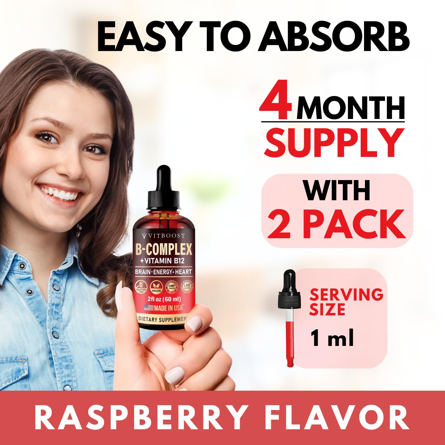 Vegan Vitamin B12 with B Complex 20000 mcg- Extra Strength for Men and Women- Raspberry Liquid Drops| USA Made, B1, B2, B3, B5,B6, Biotin, Folic Acid & B12 Sublingual Methylcobalamin | 4 Months Supply