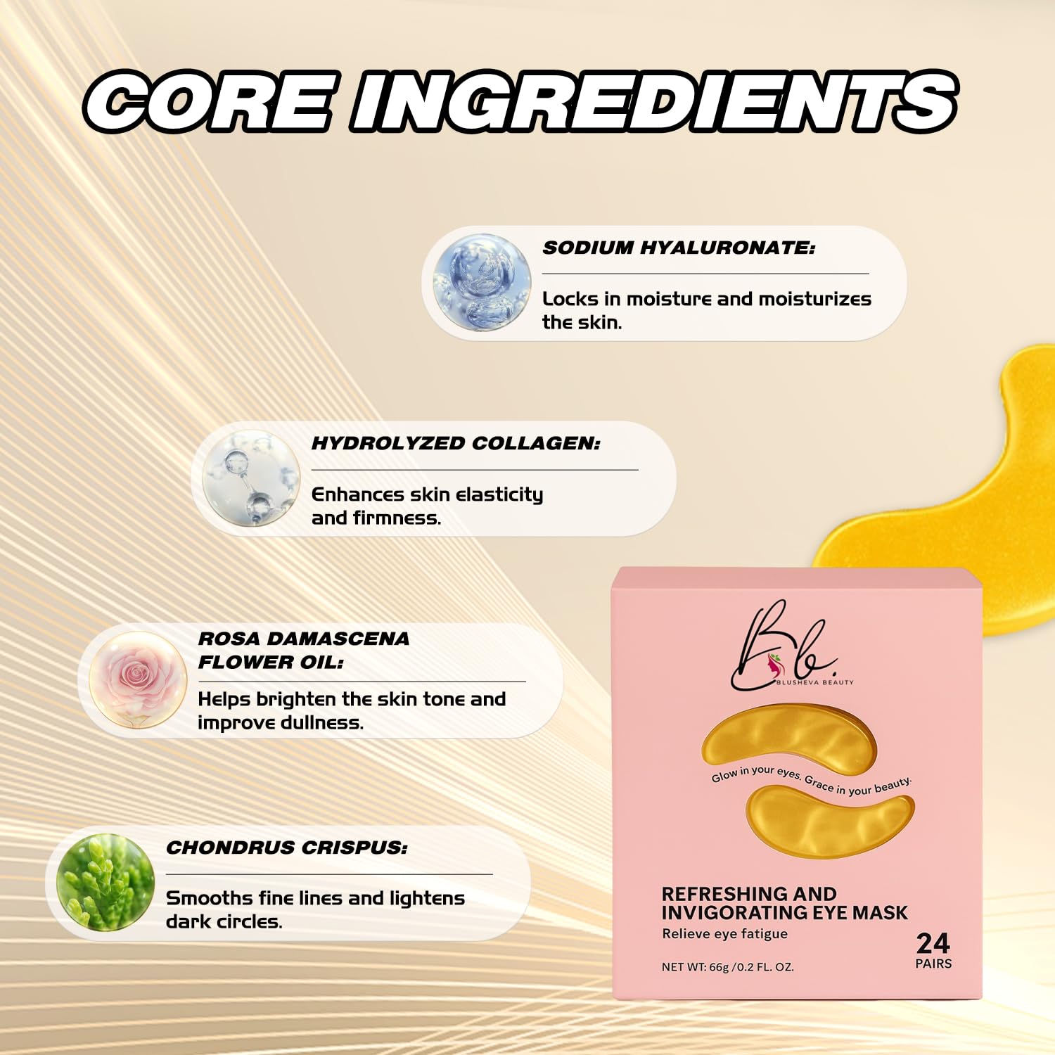 Blusheva Beauty Gold Under Eye Masks – 24 Pairs Collagen & Hydrating Gel Eye Patches for Dark Circles, Puffy Eyes, Fine Lines & Anti-Aging Skincare – Vegan, Cruelty-Free Self Care Essentials