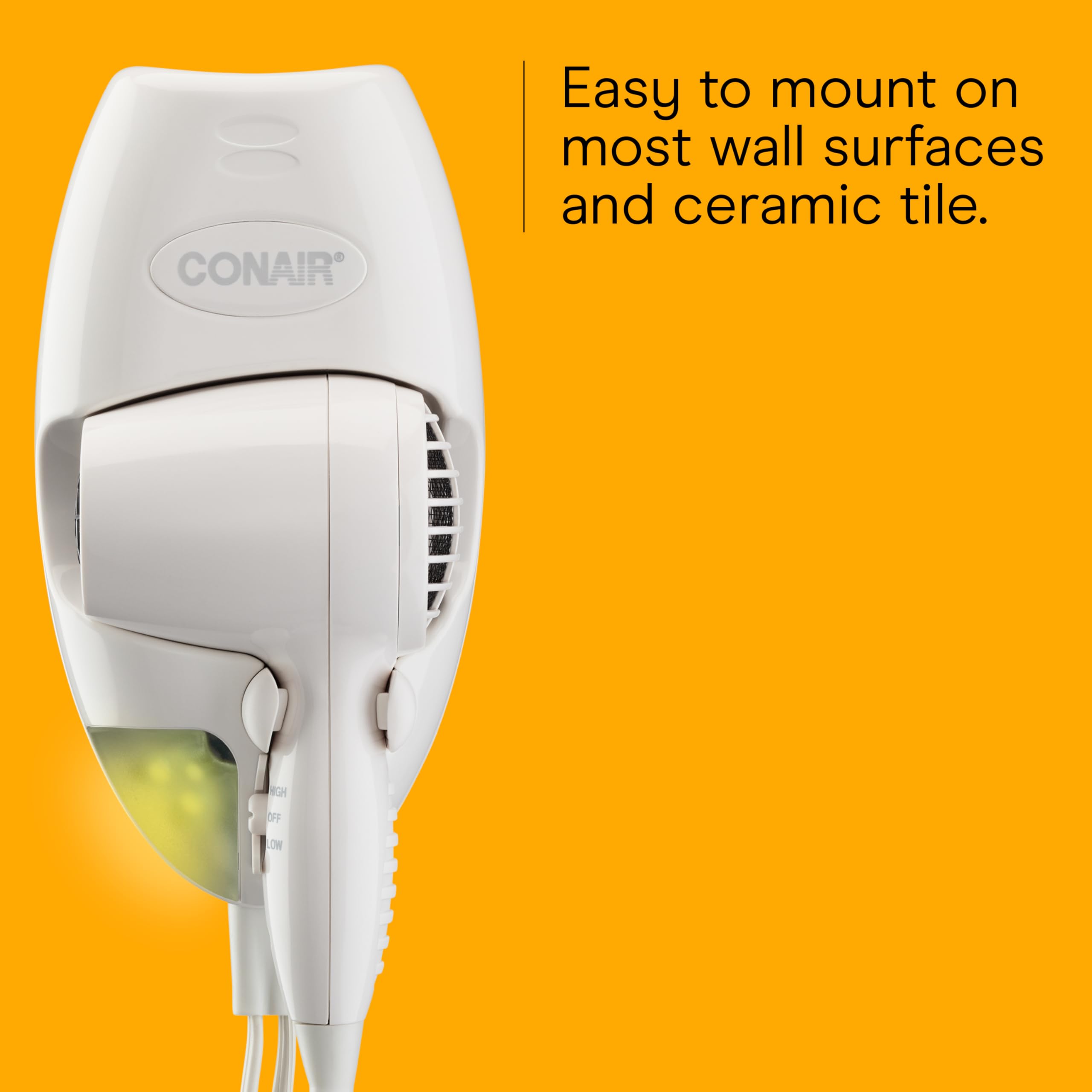 Conair Wall-Mount Hair Dryer, 1600W Blow Dryer with LED Nightlight, 2 Heat 2 Speed Settings, White