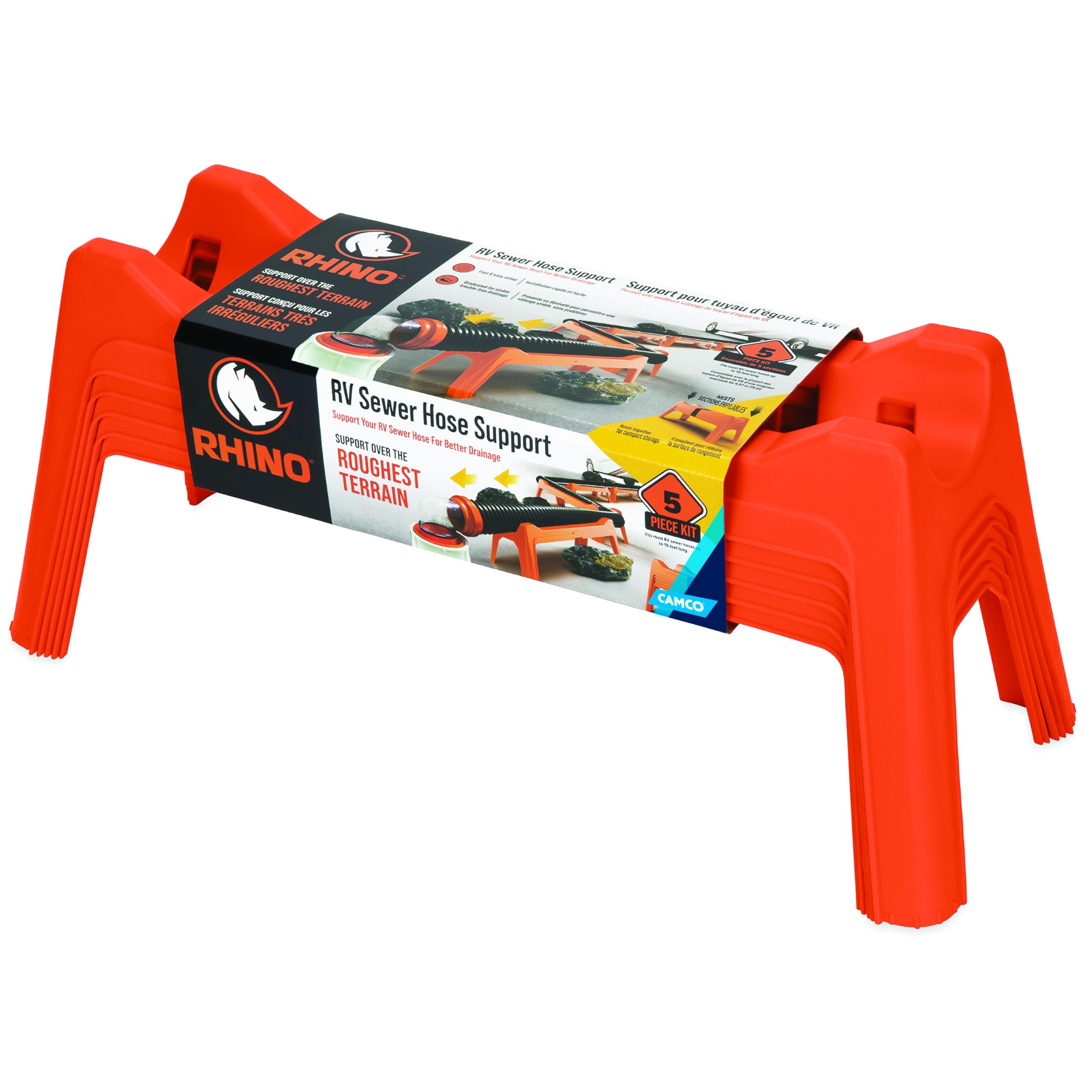 Camco Rhino RV Sewer Hose Support Kit - Extends Over Uneven Terrain for Easy Drainage - Supports Up to 15-Feet of RV Sewer Hose - Features Nesting Design for Storage - 5 Support Sections (43072)