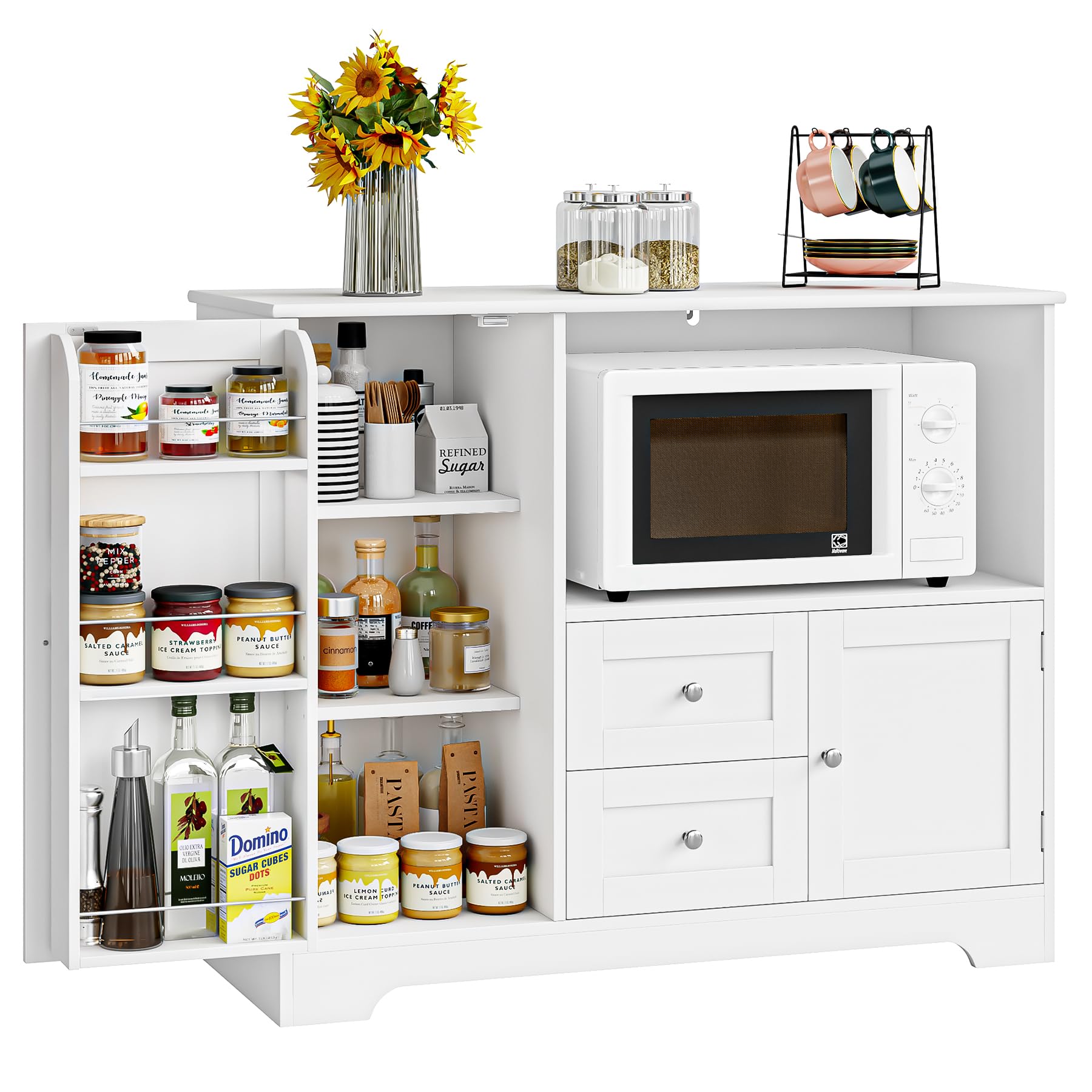 BOTLOG Buffet Cabinet with Microwave Stand, Kitchen Storage Cabinet with Door Shelf, Drawers and Adjustable Shelf, Kitchen Sideboard Cabinet with Storage Cabinet White Painted