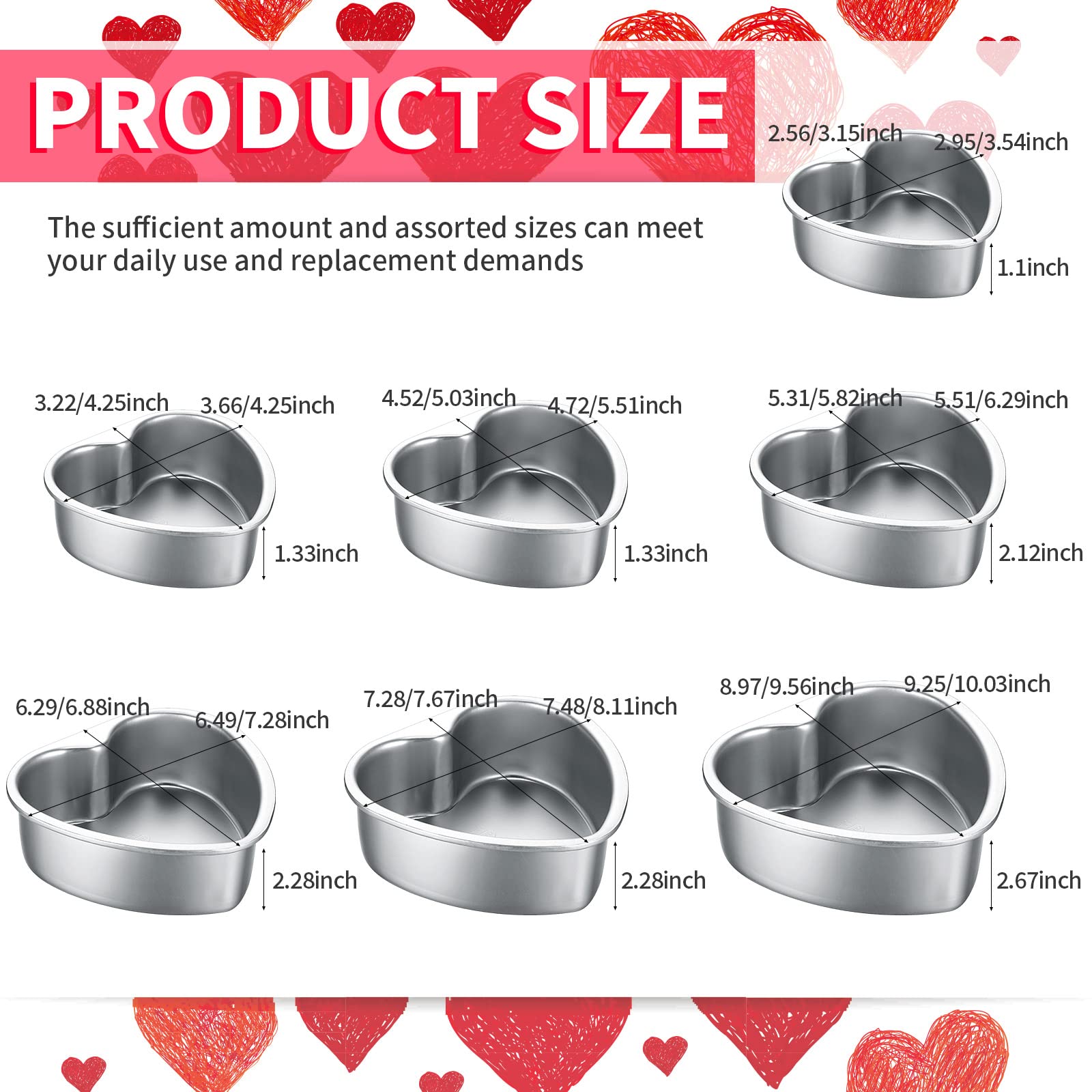 Sieral 7 Pcs Aluminum Heart Shaped Cake Pans Set 3/4/ 5/6/ 8/10 Inch DIY Nonstick Baking Pan with Removable Bottom Cake Dessert Baking Mould Supplies