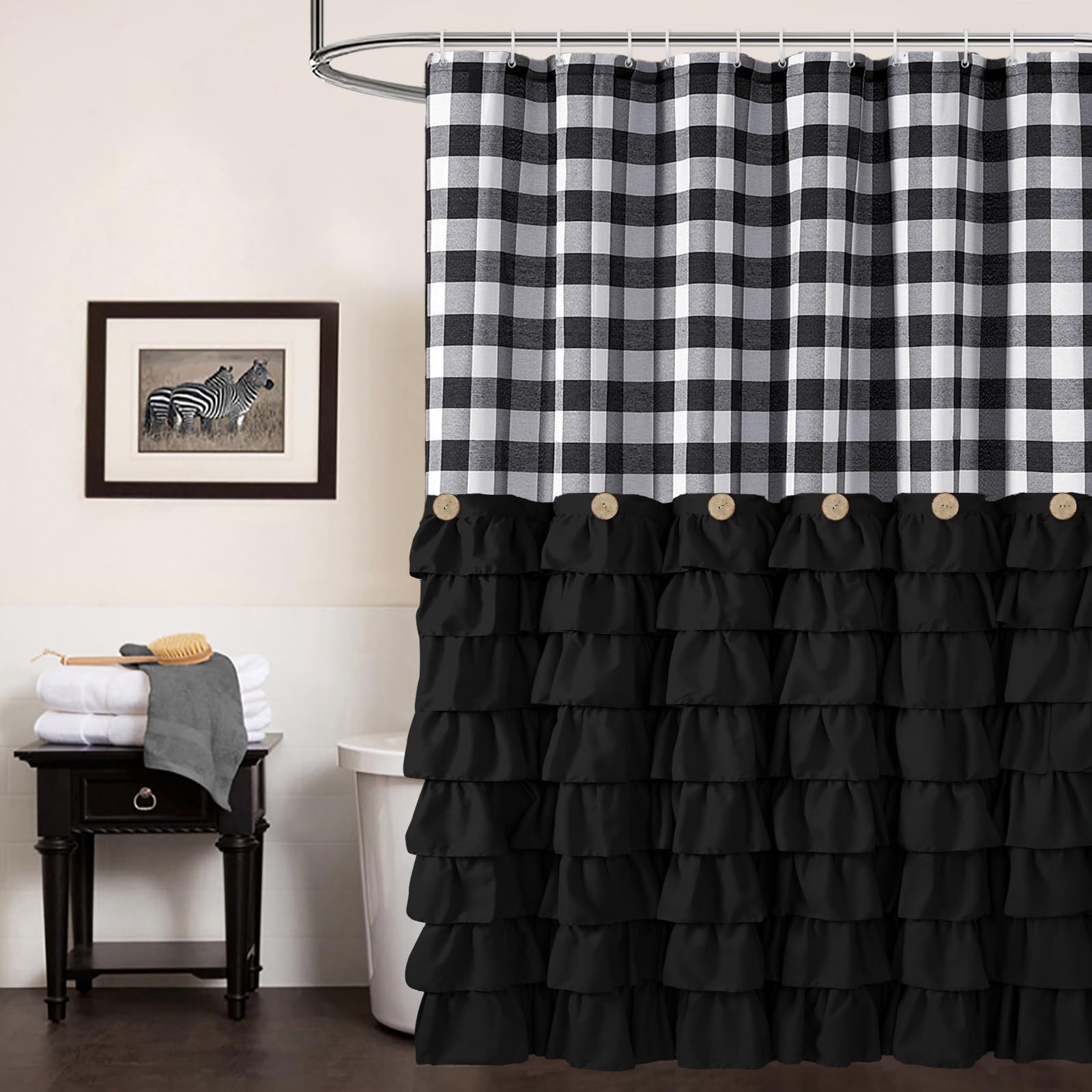Seasonwood Black Farmhouse Shower Curtain Set with 12 Hooks 72 X 72inch Black and White Buffalo Plaid Pattern Fabric Shower Curtains with Buttons & Black Ruffles for Bathroom Bathtubs Decor