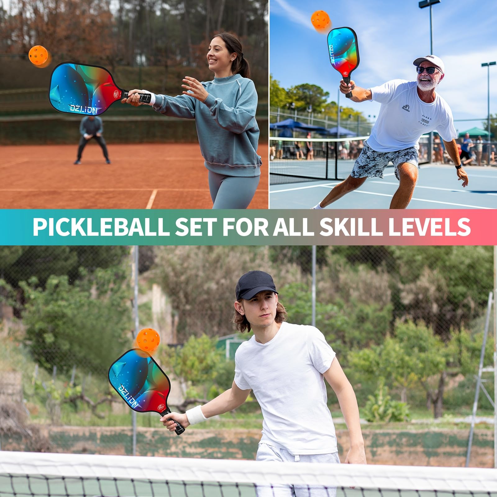 Pickleball Paddles, Fiberglass Pickleball Paddles Set of 2 with 4 Pickleball Balls, 2 Athletic Tape, 1 Portable Carry Bag Pickleball Rackets for Beginners & Pros