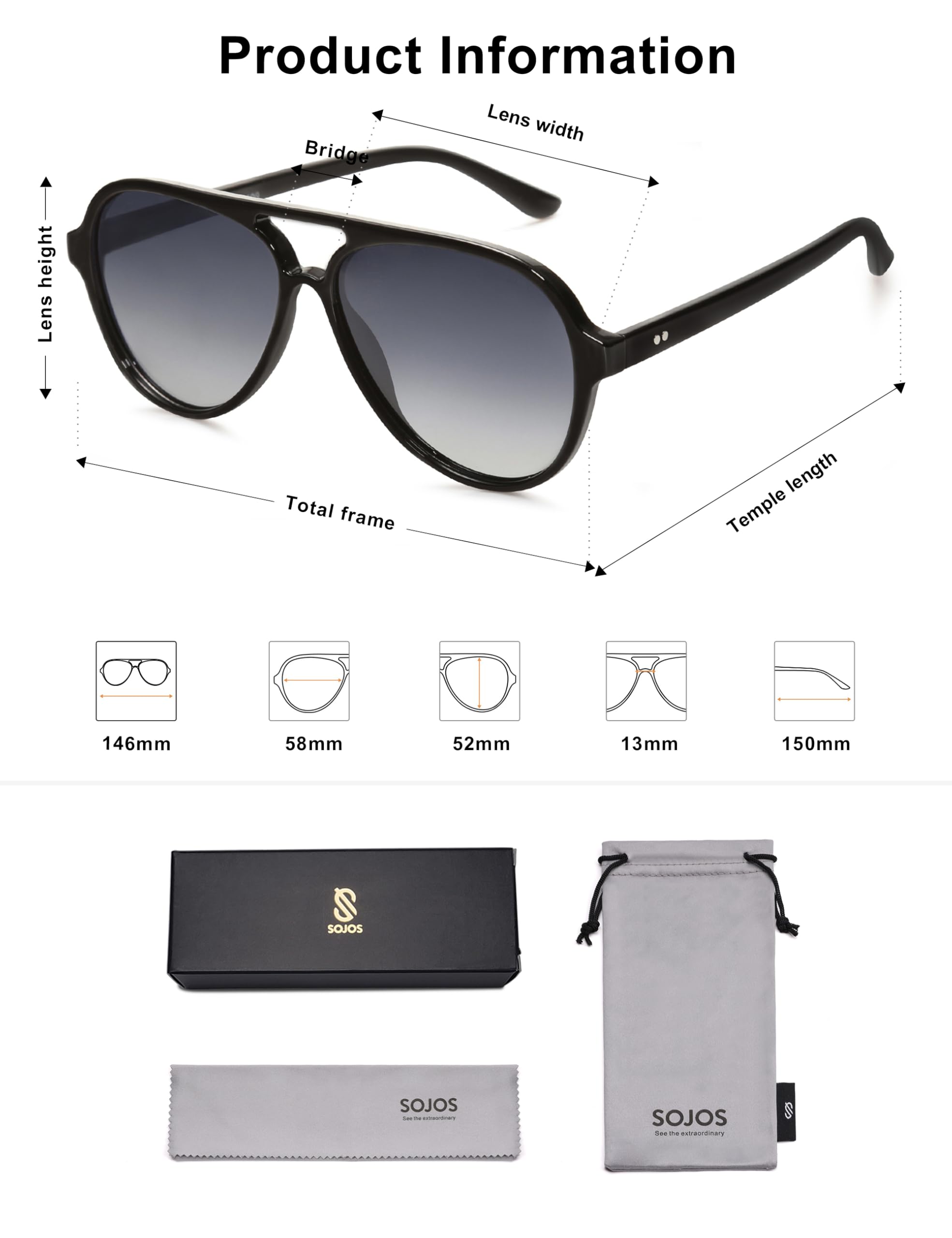 SOJOS Classic Polarized Aviator Sunglasses for Women Men, Retro Trendy Aviators Shades SJ2201, Black/Gradient Grey