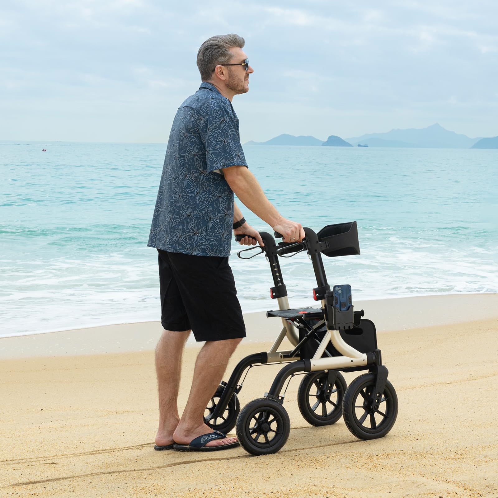 MAXWALK Walkers for Seniors, Rollator Walker with Seat, 12" Big Rubber Wheels All Terrain Rollator Walker with Backrest, Built-in Cable, Cup Holder, Foldable and Height Adjustment for Seniors, Gold