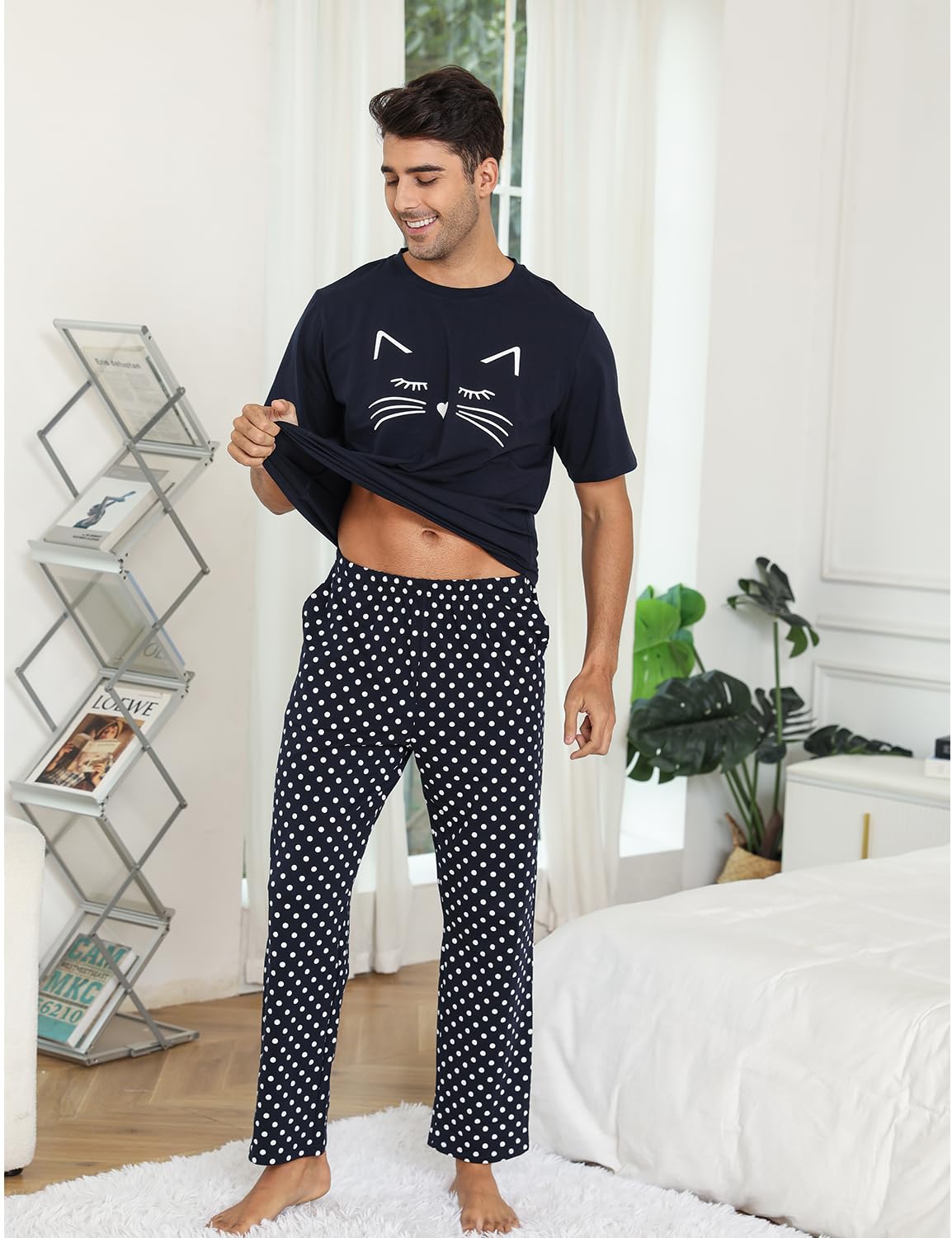 EISHOPEER Men's Cotton Cute Printed Sleepwear Top & Long Sleeve Bottom Pajama Lounge Set Navy Blue Large