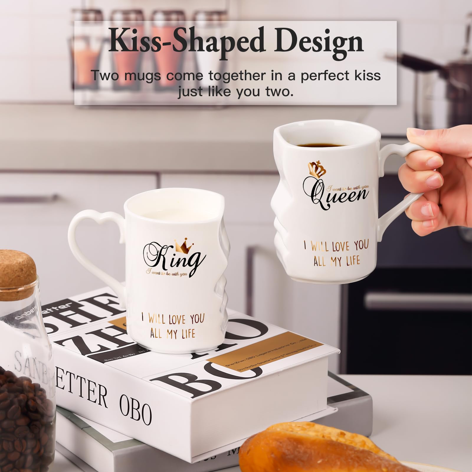 SIPBYSOP Wedding Gifts Kiss Mug, Bridal Shower Gift,Engagement Presentfor Couples Newlyweds, King Queen Kiss Mug, Coffee Cup for Couple