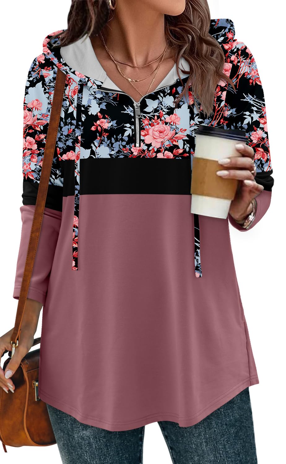 BETTE BOUTIK womens tunic long sleeve hoodie zipper hooded sweatshirt women hoodie floral women quarter zip sweatshirt Pink Rose X-Large