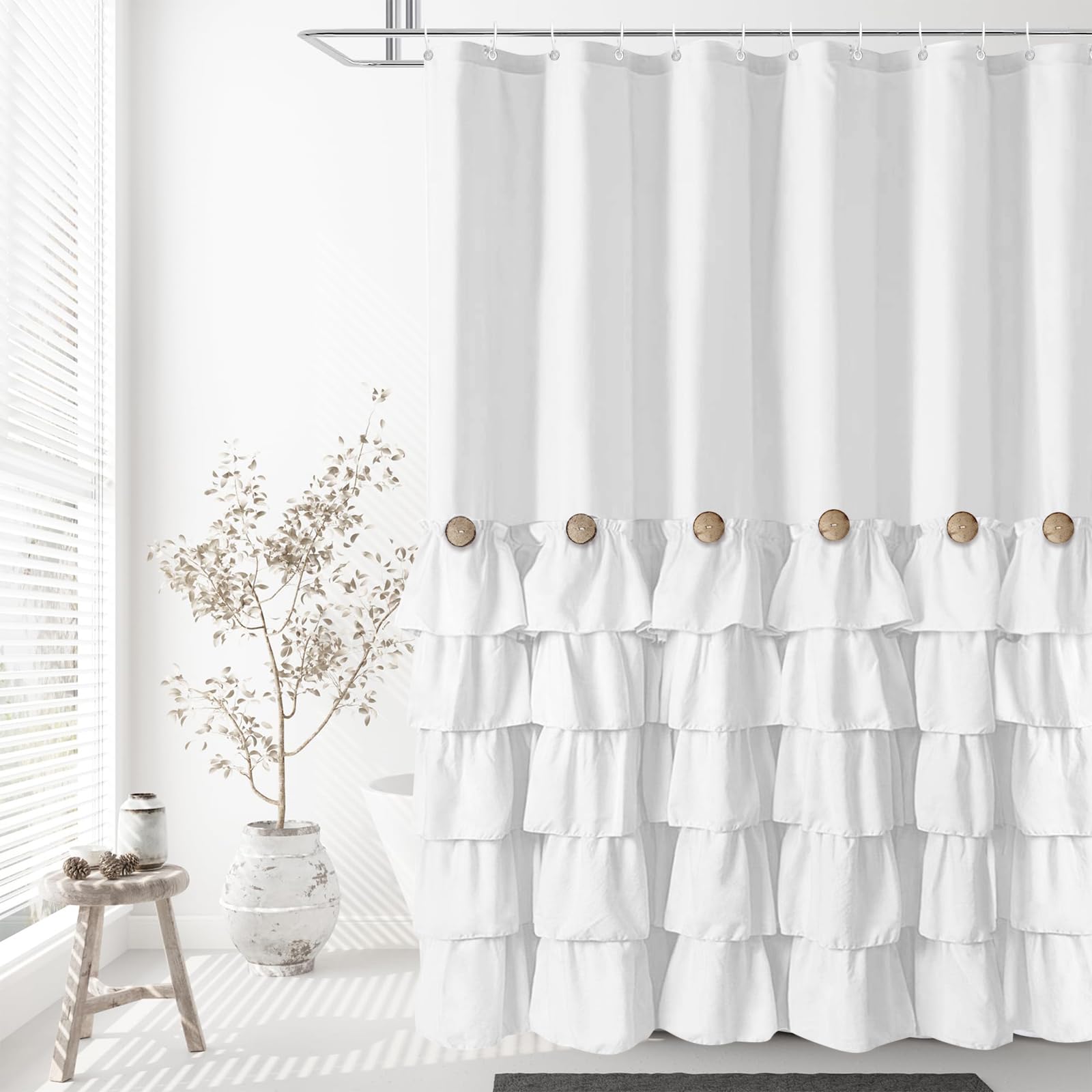 Seasonwood White Ruffle Shower Curtain Farmhouse Shower Curtain 72 X 72inch Vintage Shower Curtains with Buttons & White Ruffles for Bathroom Bathtubs Decor Accessory