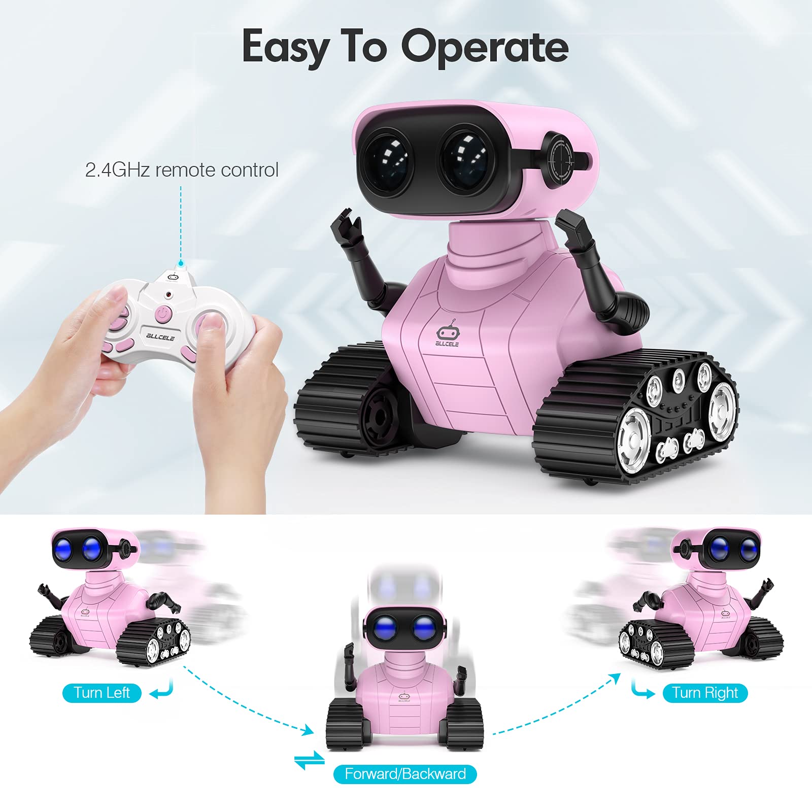 ALLCELE Girls Robot Toy, Rechargeable RC Robot for Kids, Remote Control Toy with Music and LED Eyes, Gift for Children Age 3 Years and Up - Pink