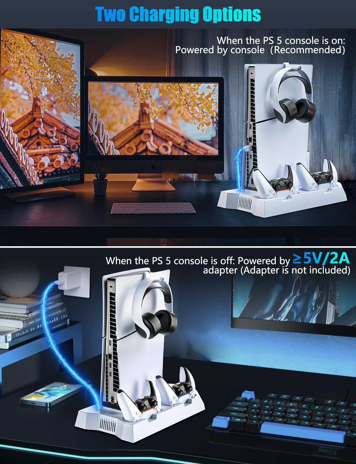 PS5 Slim Stand with Cooling Station for PS5 & PS5 Slim Console Disc/Digital Edition, PlayStation 5 Cooling Station with Dual PS5 Controller Charger, 3 Levels Cooling Fan, 3 USB Hubs, Headset Holder