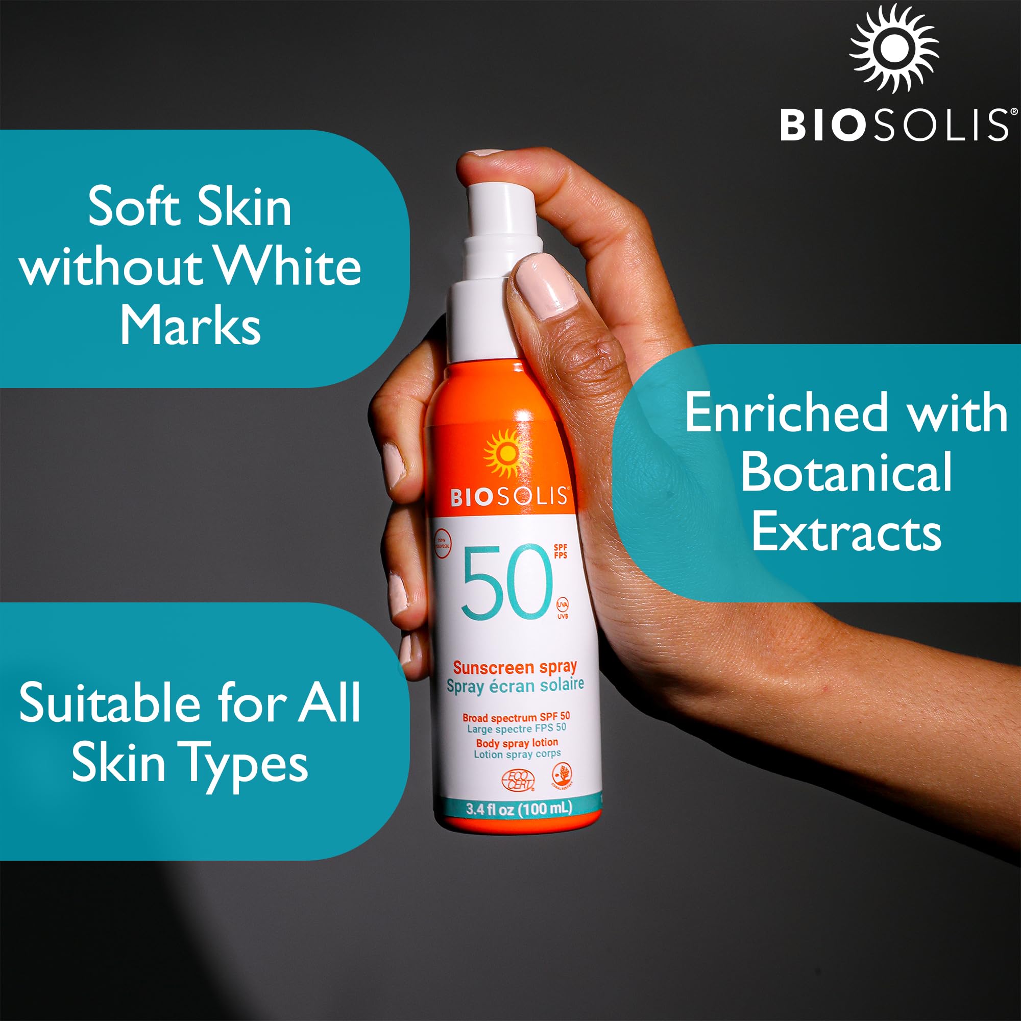 Biosolis Sun Spray SPF 50 - Sunscreen Spray Conditions the Face and Body - Mineral-Based Filters - Protects Against Harmful Rays - Ideal for Tanned Skin - No White Marks - Non-Greasy - Vegan - 3.4 oz
