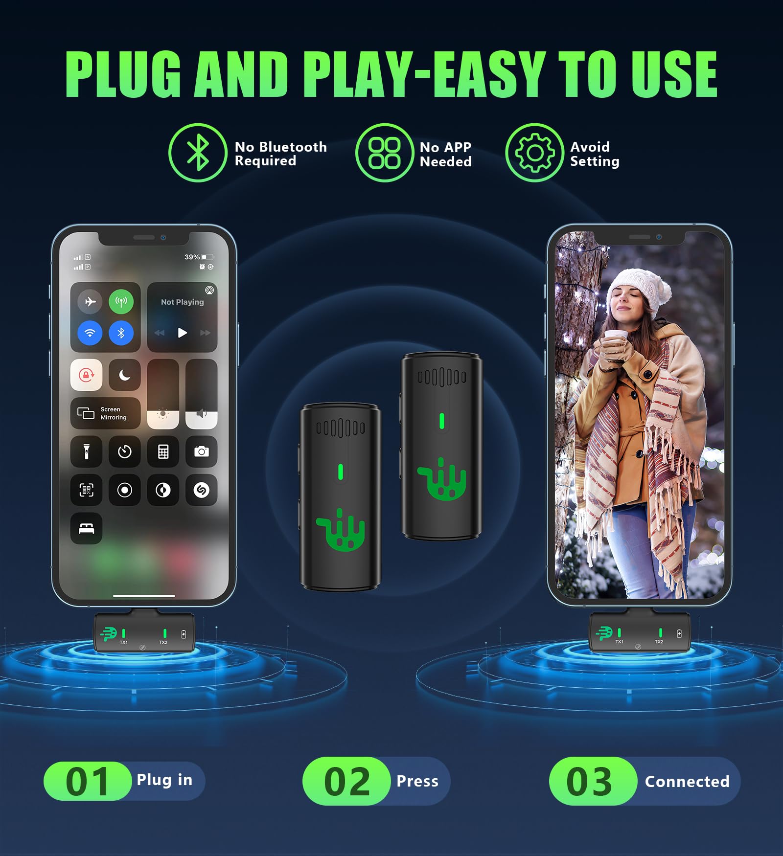Mini Wireless Lavalier Microphone for IPhone/Ipad,2 Pack Professional Lapel Microphone with Noise Cancelling,Charging Case,500FT Transmission,8H,Clip On Lav Mic for Podcast /Video Recording /Streaming