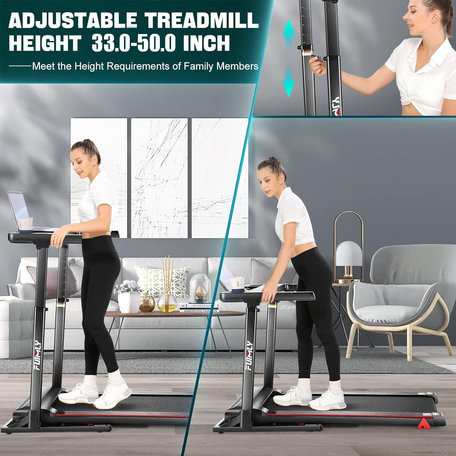 Treadmill with Desk Workstation & Adjustable Height, 350 LBS Weight Capacity, Folding Treadmill with 3 Level Incline, Bluetooth Speaker & App, Portable 3.5HP Walking Pad with Desktop for Home Office