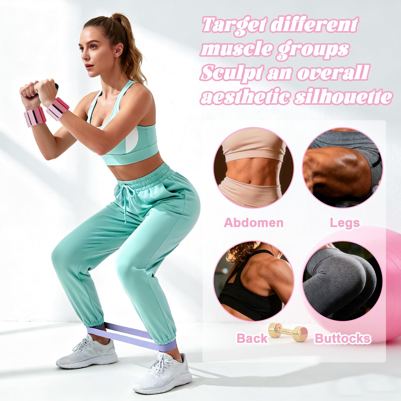 Ankle Weights Resistance Bands Set for Women,Adjustable Wrist Weights Wearable Arm Leg Weight Set of 2(1Lbs Each),Elastic Exercise Loop Bands with 3 Levels(15/25/35 LBS),for Gym, Yoga, Pilates, Cardio & Strength Training