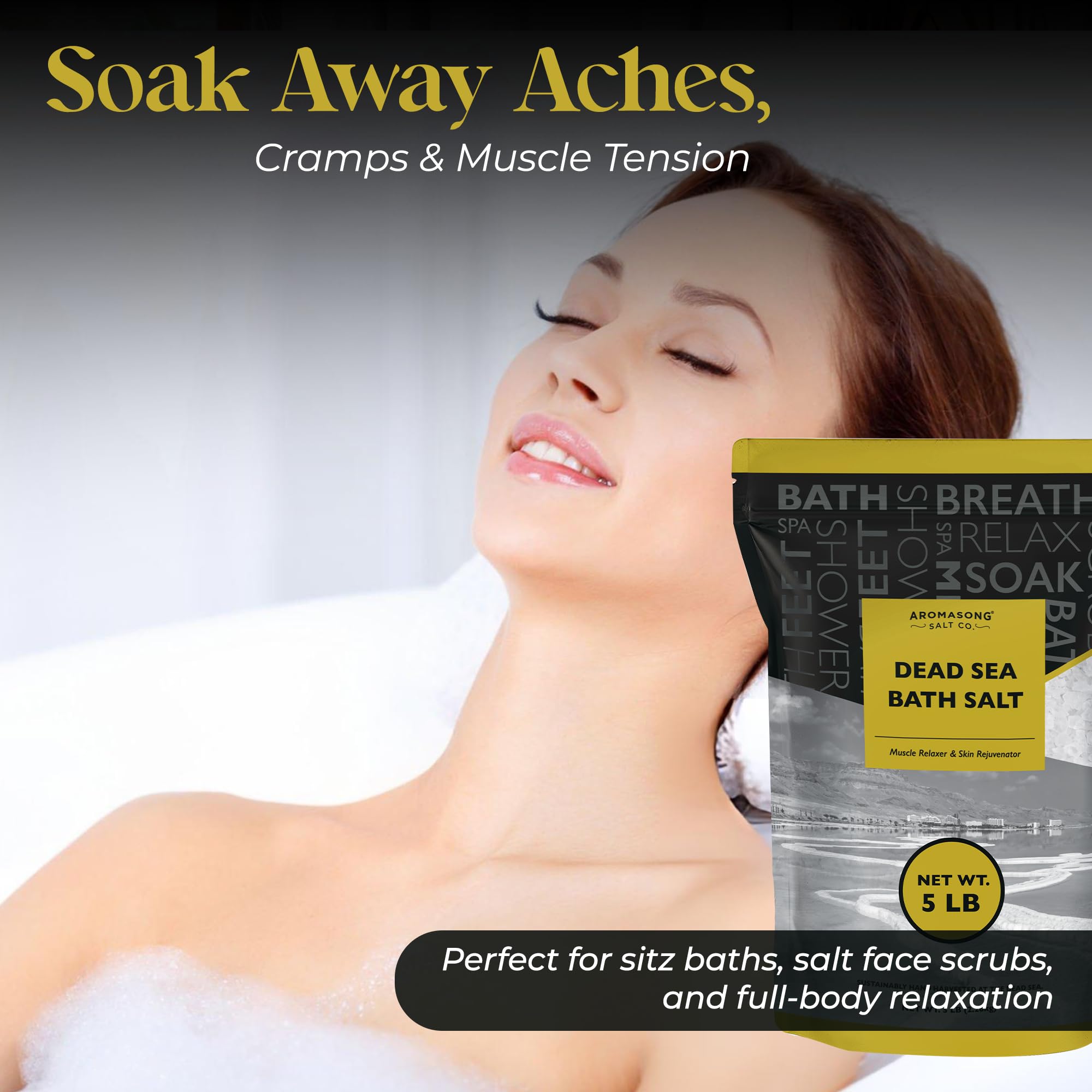 Aromasong Dead Sea Bath Salt - 100% Pure & Natural Dead Sea Salts for Soaking Fine Grain 5 LB - Bulk Resealable Pack (Packaging May Vary) Used for Body wash Scrub - Soak for Women & Men.