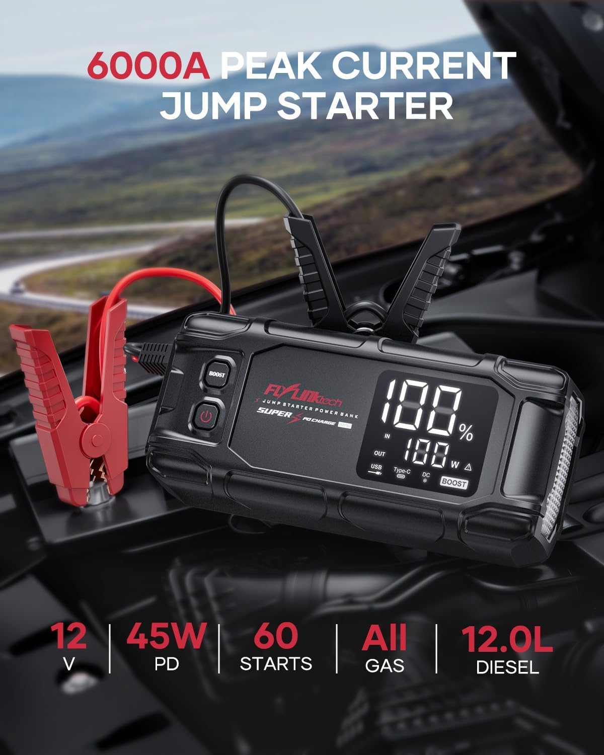 FLYLINKTECH Car Battery Jump Starter, 6000A Peak 26800mAh Jump Start Battery Pack(for All Gas or up to 12L Diesel),12V Jump Box with PD45W Fast Charging and LED Light