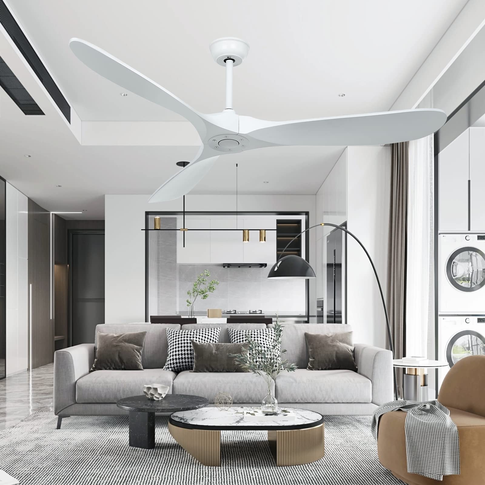 HUMHOLD 60" Wood Ceiling Fan no Lights with Remote, Reversible DC Motor 6-Speed Ceiling Fan, 3 Wood Fan Blades White Ceiling Fan without Light, Modern Propeller Ceiling Fans for Bedroom/Living Room