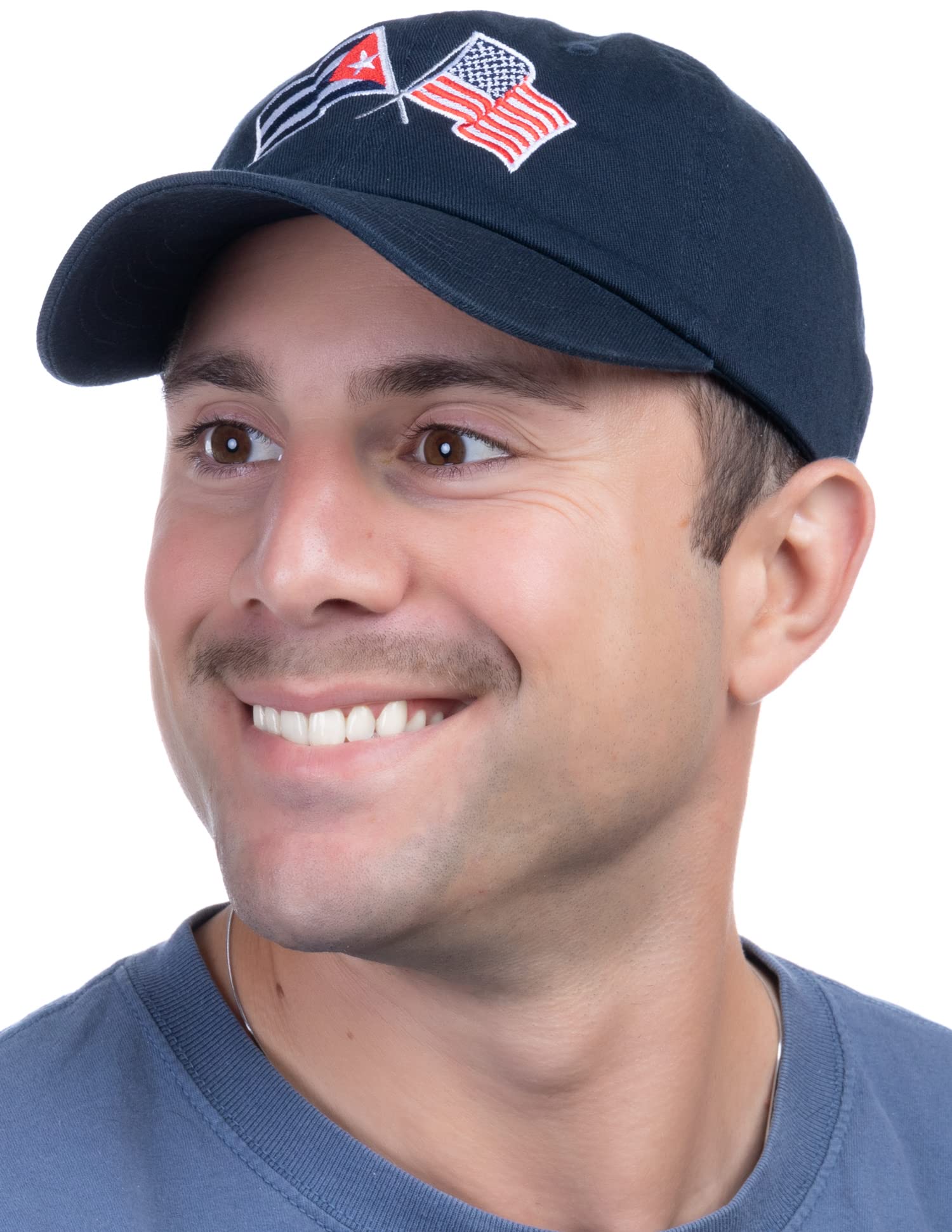 Ann Arbor T-shirt Co. Cuban American Flag Hat - Cuba USA Friendship, Cubano America Dad Baseball Pin Cap for Men Women - (Navy)