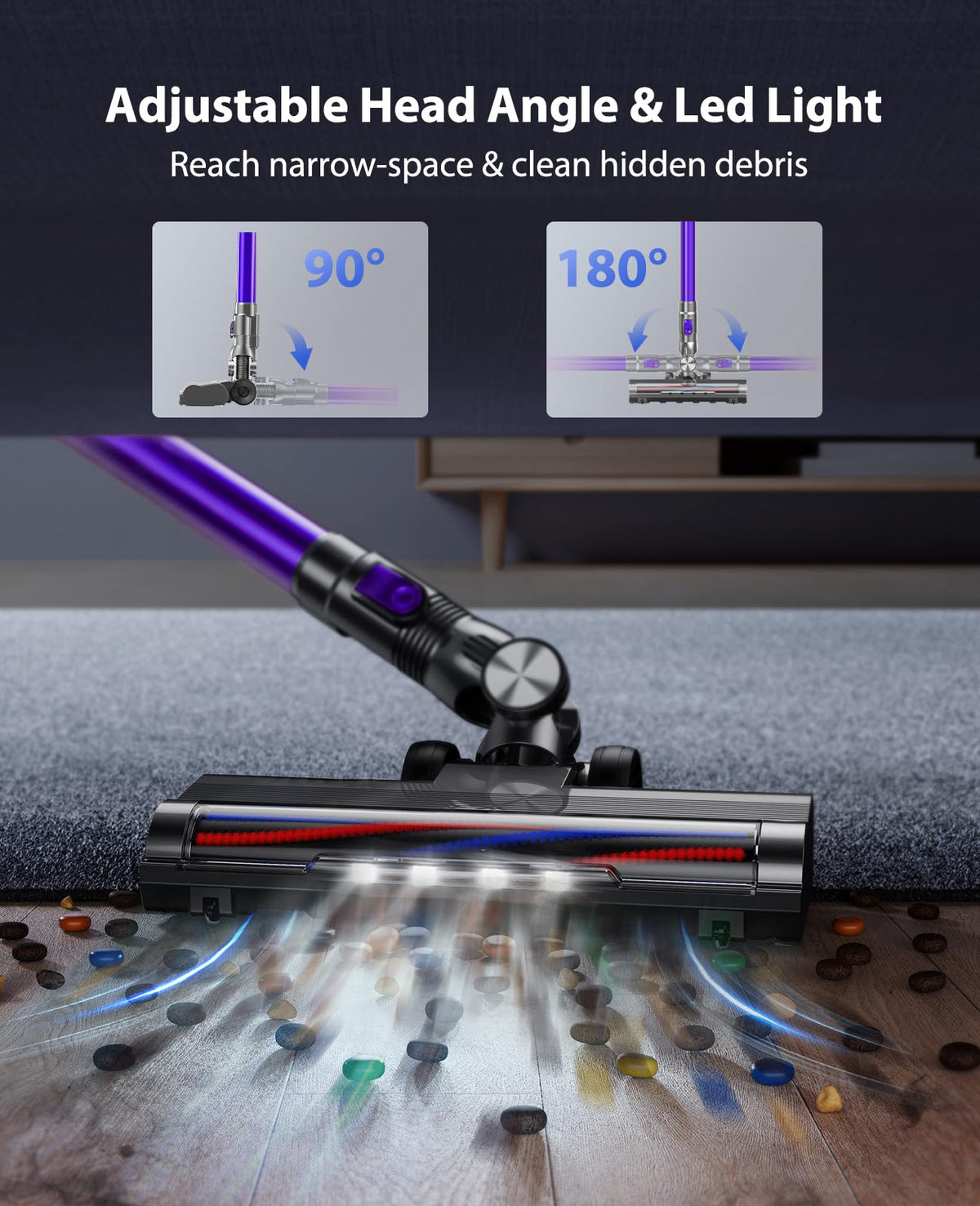 allseywell Cordless Vacuum Cleaner, Stick Vac with Tangle-Resistant Design, Up to 55 Minutes, Powerful Suction, Rechargeable, Lightweight, and Versatile for Carpet, Hard Floor, Pet Hair, Purple