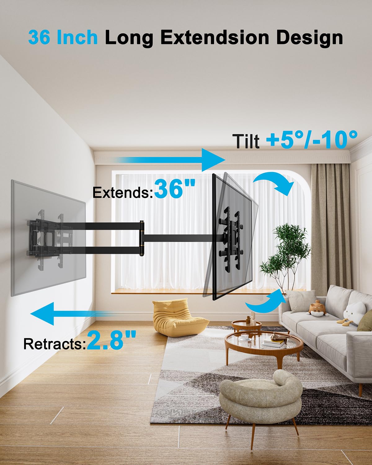 FORGING MOUNT Long Arm Corner TV Mount with Height Setting Full Motion TV Wall Mount with 36" Extends for Corner/Flat Installed Fits 42"-90" TVs,Holds 150lbs,VESA 600x400mm