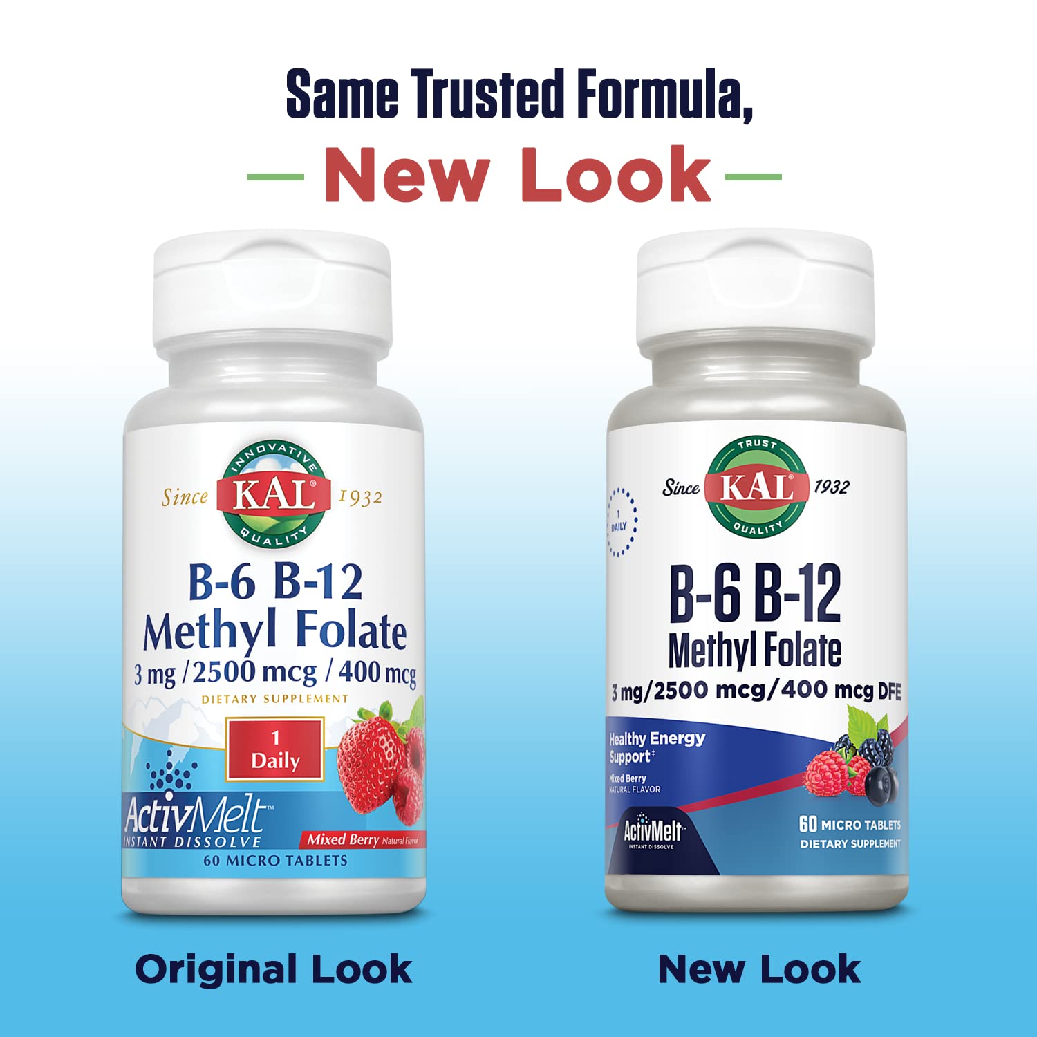 KAL Vitamin B-6 B-12 Methyl Folate ActivMelt, Vitamin B Supplement, Heart Health, Energy and Red Blood Cell Support with Methyl B12 and DFE Folic Acid, Natural Berry Flavor, 60 Servings, 60 Micro Tabs